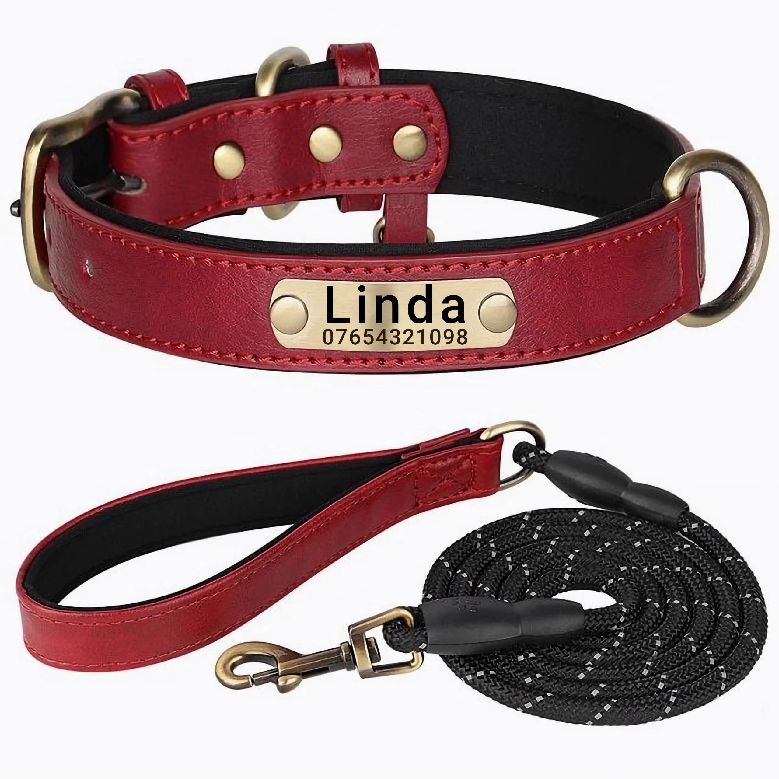 SEOUGEE Genuine Leather Dog Collar Personalised and Leash Set, Soft Padded Leather Dog Collars Heavy Duty with Custom Engraved Name Plate for Small Medium Large Dogs (M, Red Set 28-37cm) — image 1