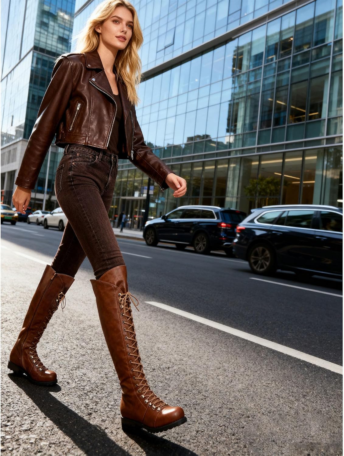 SHEMEE Women's Flat Combat Boots Over The Knee Lace Up Riding Motorcycle Boots Chunky Low Heel Thigh High Boots Tall Biker Shoes with Inside Zipper
