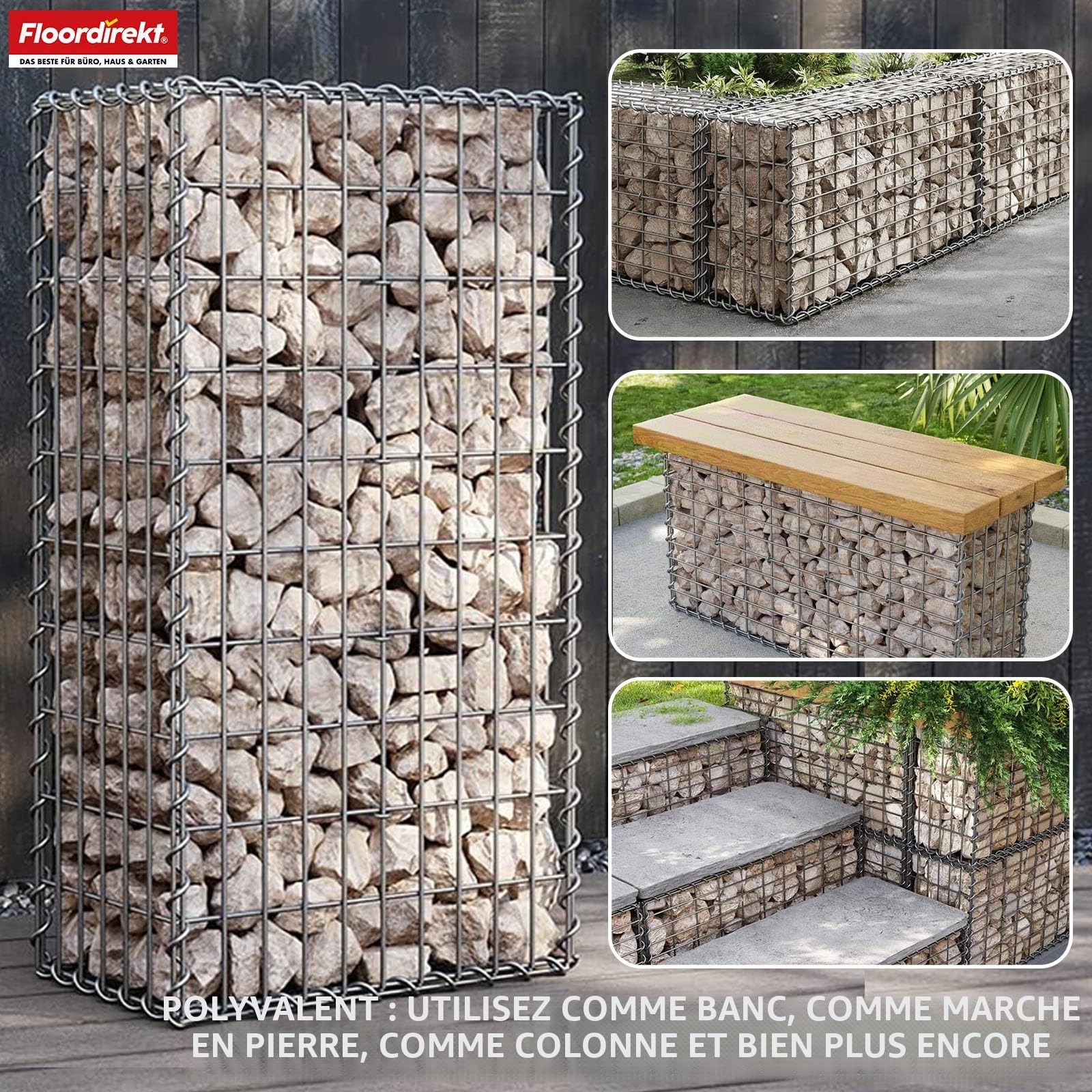 Floordirekt Gabion, panier à pierres en métal, 100x50x30 cm, panier en fil galvanisé avec une maille de 5 x 10 cm, mur de pierres comme clôture de jardin, grille de gabion comme brise-vue, Lenox