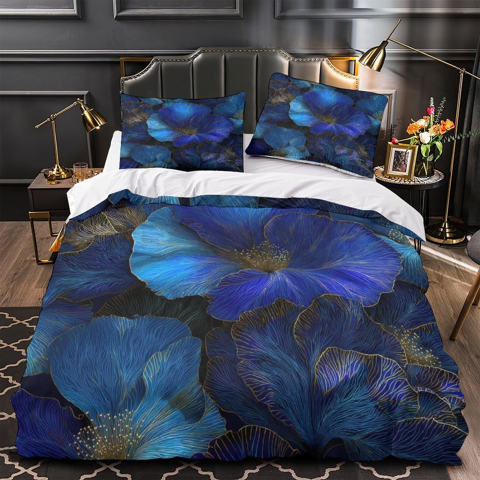 Parure de lit single 140x200cm en microfibre avec housse de couette imprimé floral bleu 3D