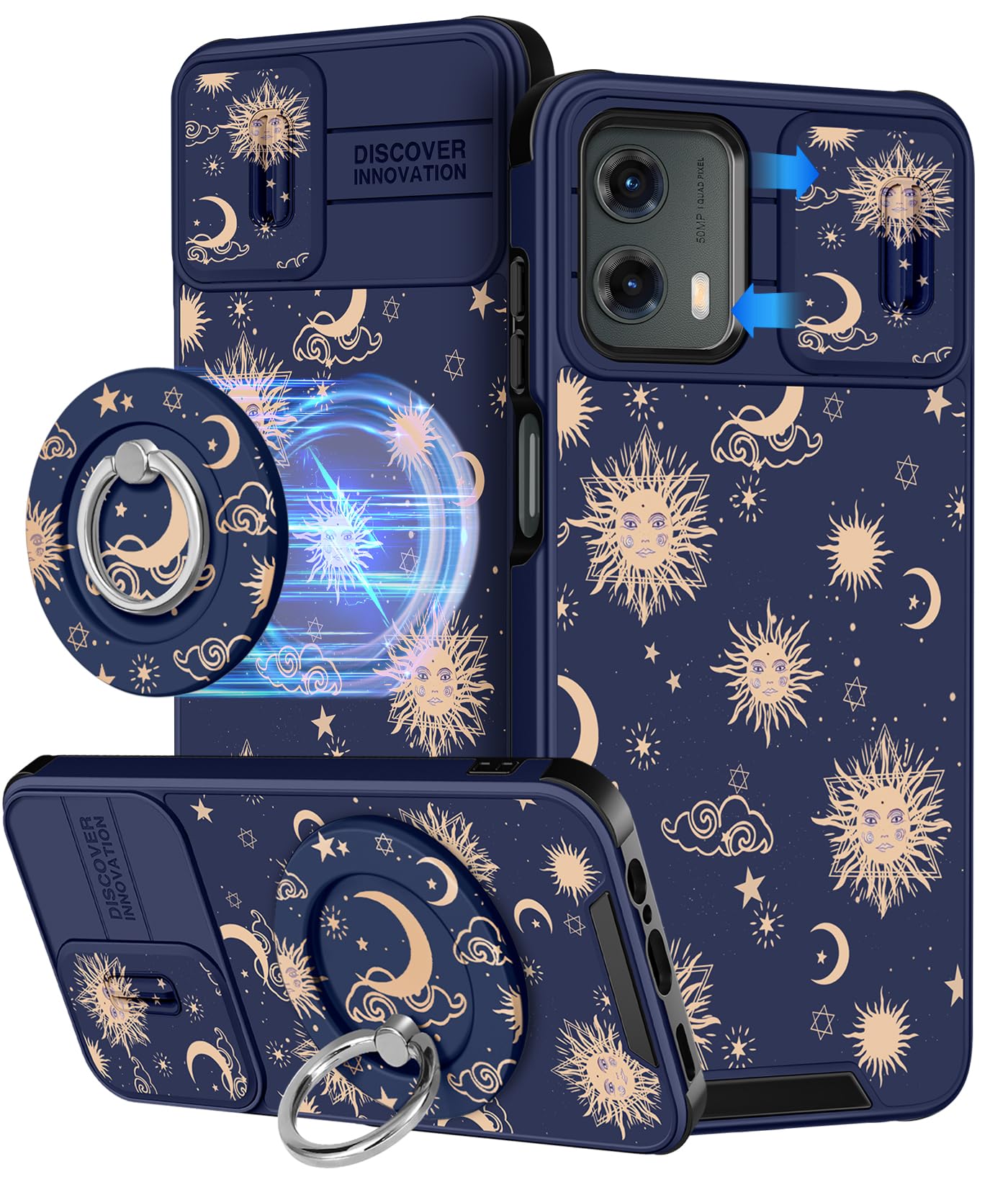 Buleens for Moto G 5G 2024 Case 6.6 Inch - with Ring Stand & Camera Cover Aesthetic Cute Designed for Women Girls Girly Kawaii Sun Moon Stars Phone