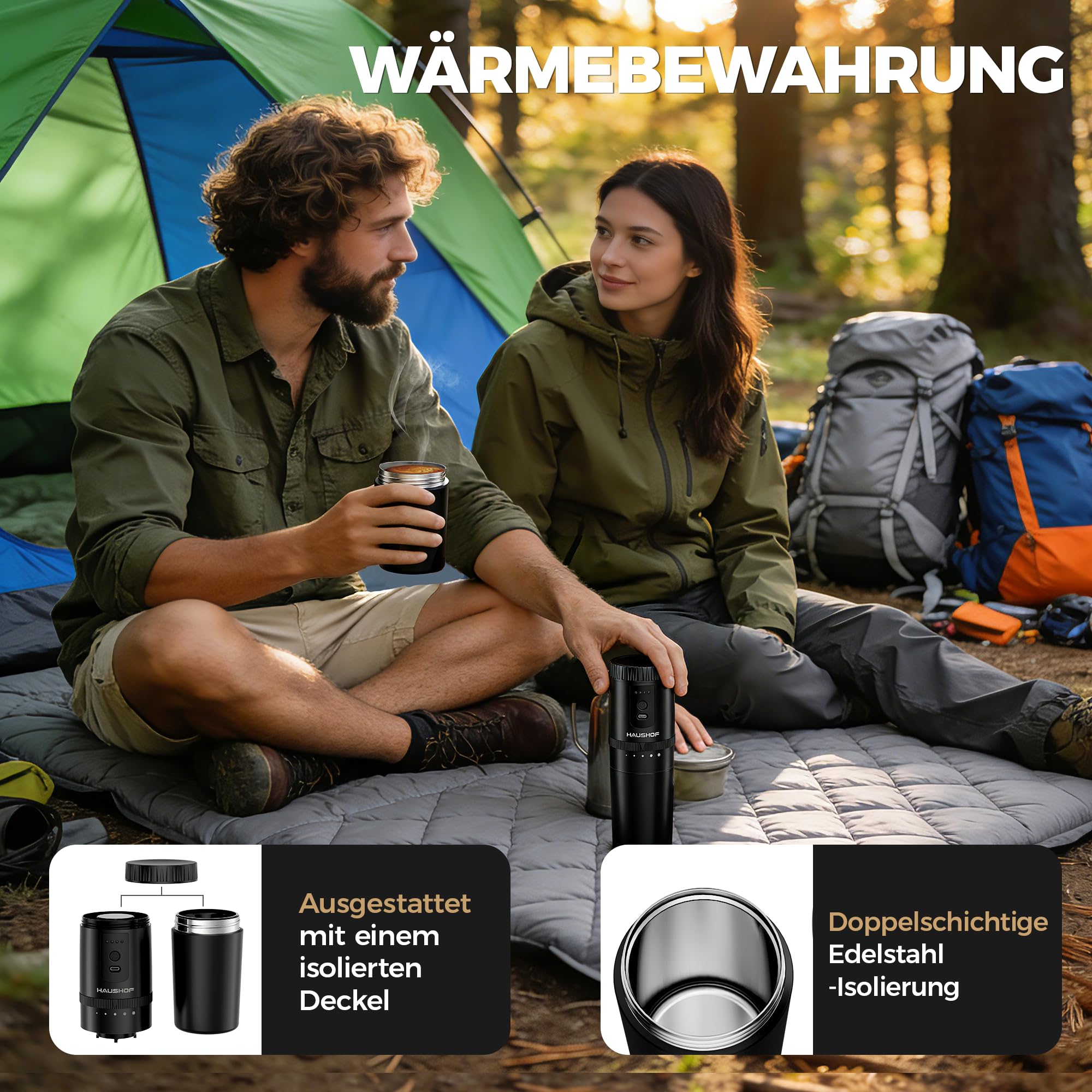 HAUSHOF Elektrische Kaffeemühle, Tragbares Kegelmahlwerk Kabellos Schwarz mit Integrierter Infusion, Manuelles Kit Edelstahlfilter Thermobecher