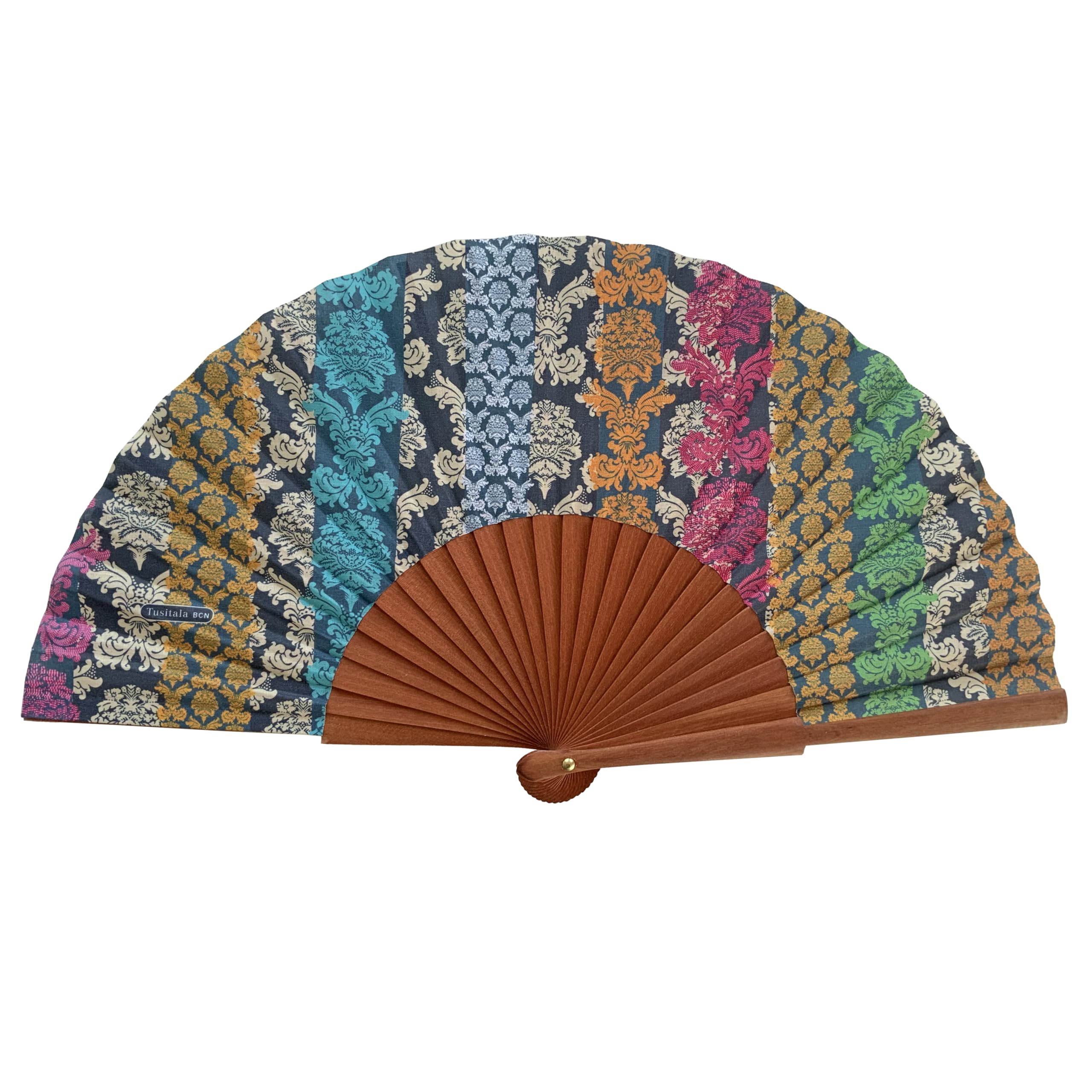 Abanico Español Damasco Colors - Madera y Algodón - 23 cm - Estuche y Funda de algodón - Accesorio de Moda - Hecho a Mano en España - Eventos y Regalos - Colección Tradición