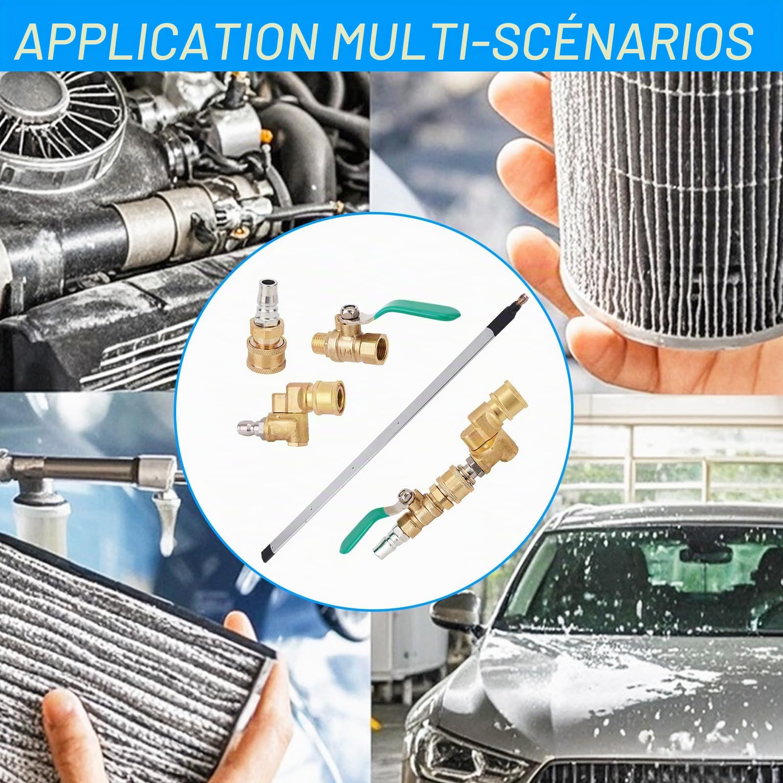 Kit de 4 Lances Nettoyage pour Radiateur Voiture, Lance Nettoyeur Haute Pression de 57cm Avec Vanne Commutation Raccord Pivotant Raccord Rapide un Nettoyage Efficace du Radiateur des Gouttières
