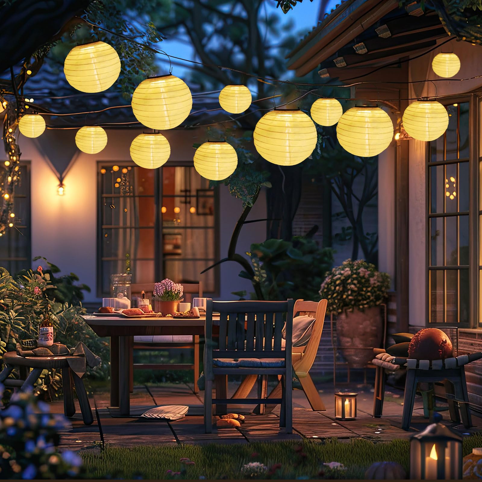 4 Pezzi Luci Solari Lanterne da Esterno, Lanterne Solari Impermeabili da Appendere, 20CM, Luci Solari in Nylon per Patio, Terrazza, Giardino, Matrimonio, Festa di Natale (Bianco Caldo)