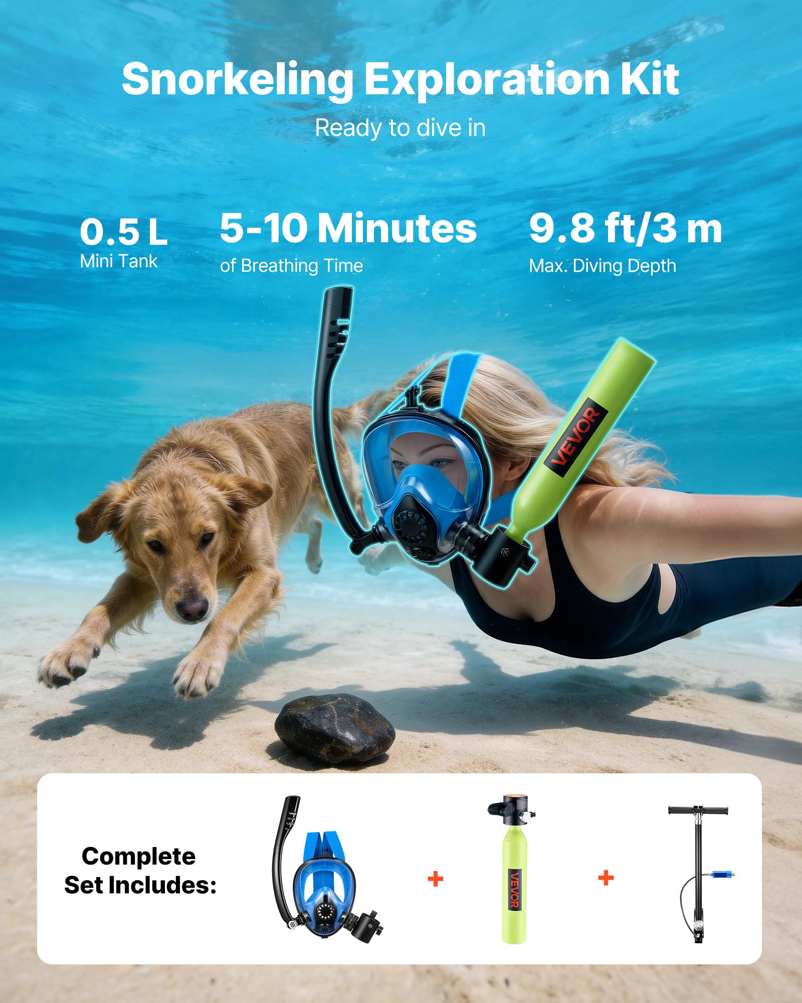 VEVOR Mini Bouteille de Plongée avec Masque sous-Marin, Bloc pour Plongée Portable 0,5 L, Réservoir pour Respiration sous-Marine, Réutilisable, jusqu'à 10 Minutes, avec Pompe pour Randonnée Palmée