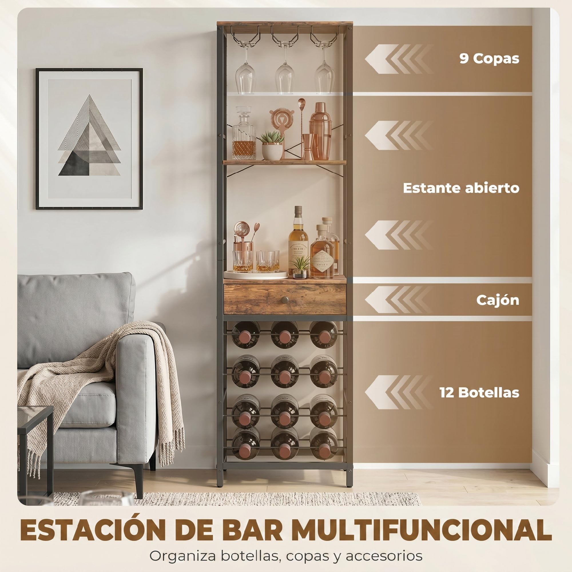HOMCOM Mueble de Bar para Vinos con Soporte de Copas y Cajón, Botellero para 12 Botellas, con Estante Abierto, Estilo Industrial, para Cocina, Comedor, Bar, 40x30x148 cm, Marrón Rústico