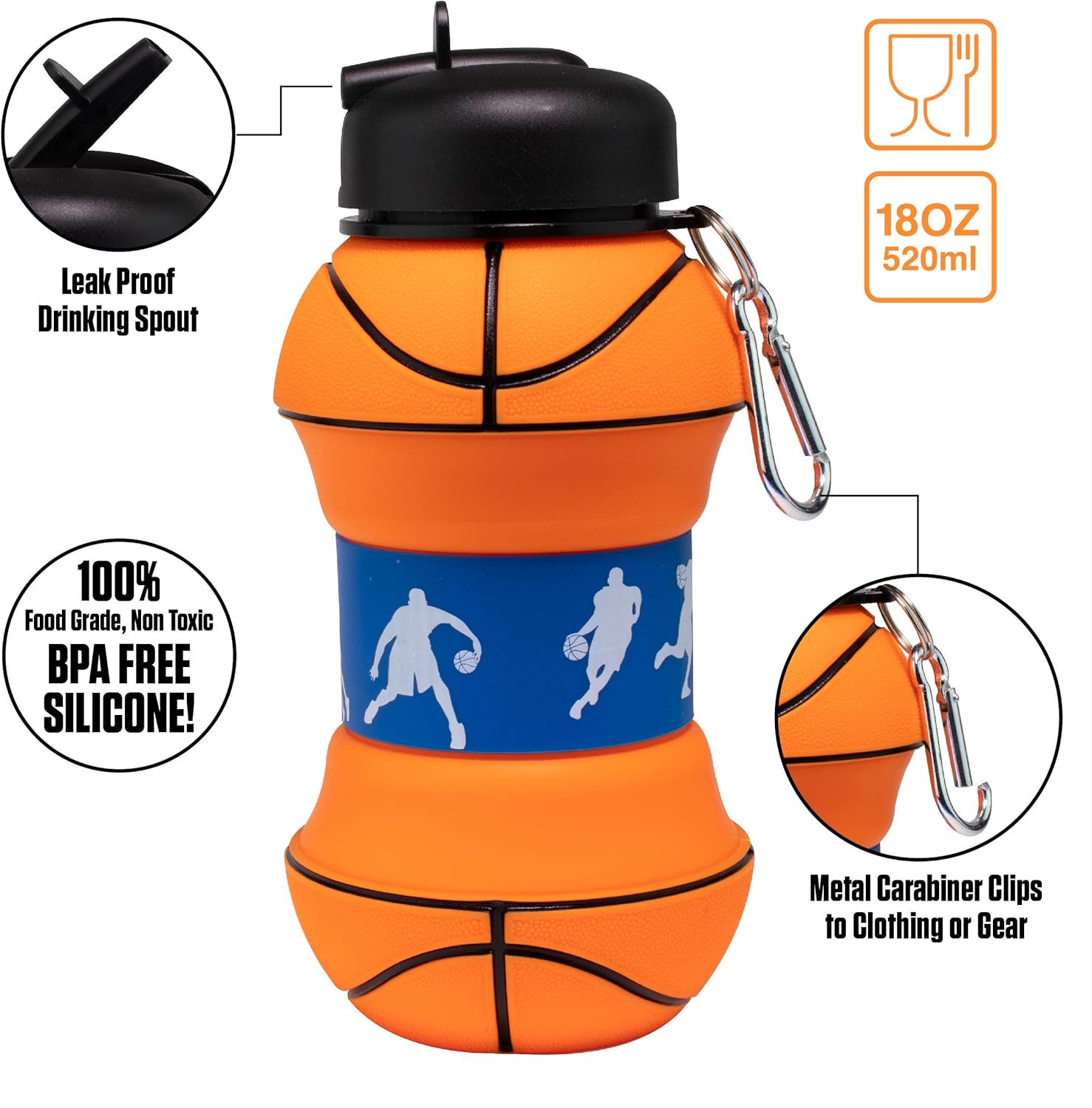 Maccabi Art Clip-On Collapsible BPA-Free Silicone Basketball Water Bottle for Kids, 18 Oz. Size - Image 5