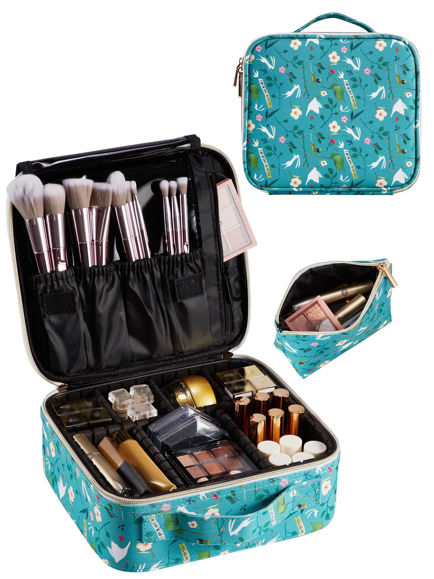 Schminktasche Schminkkoffer Make up Organizer Tasche Make up Bag mit Verstellbaren Teiler,Blauem Rosen