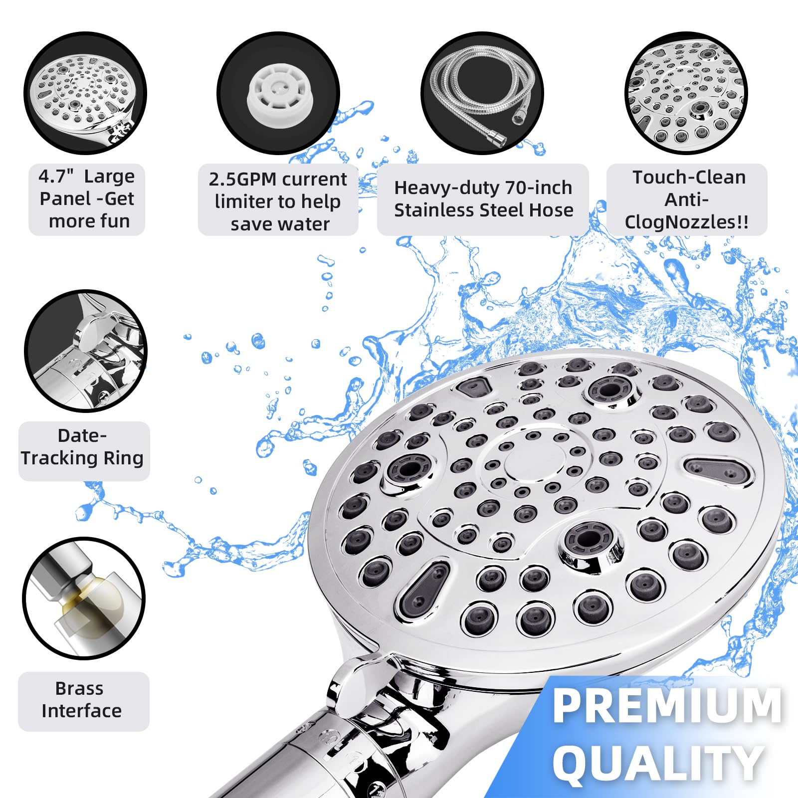 Soffione doccia a pioggia da 19,1 cm con combinazione portatile da 12,7 cm, tubo SS da 177,8 cm, 10 modalità di utilizzo, con filtro dell'acqua a 2 stadi per bagno, anti-intasamento e potente