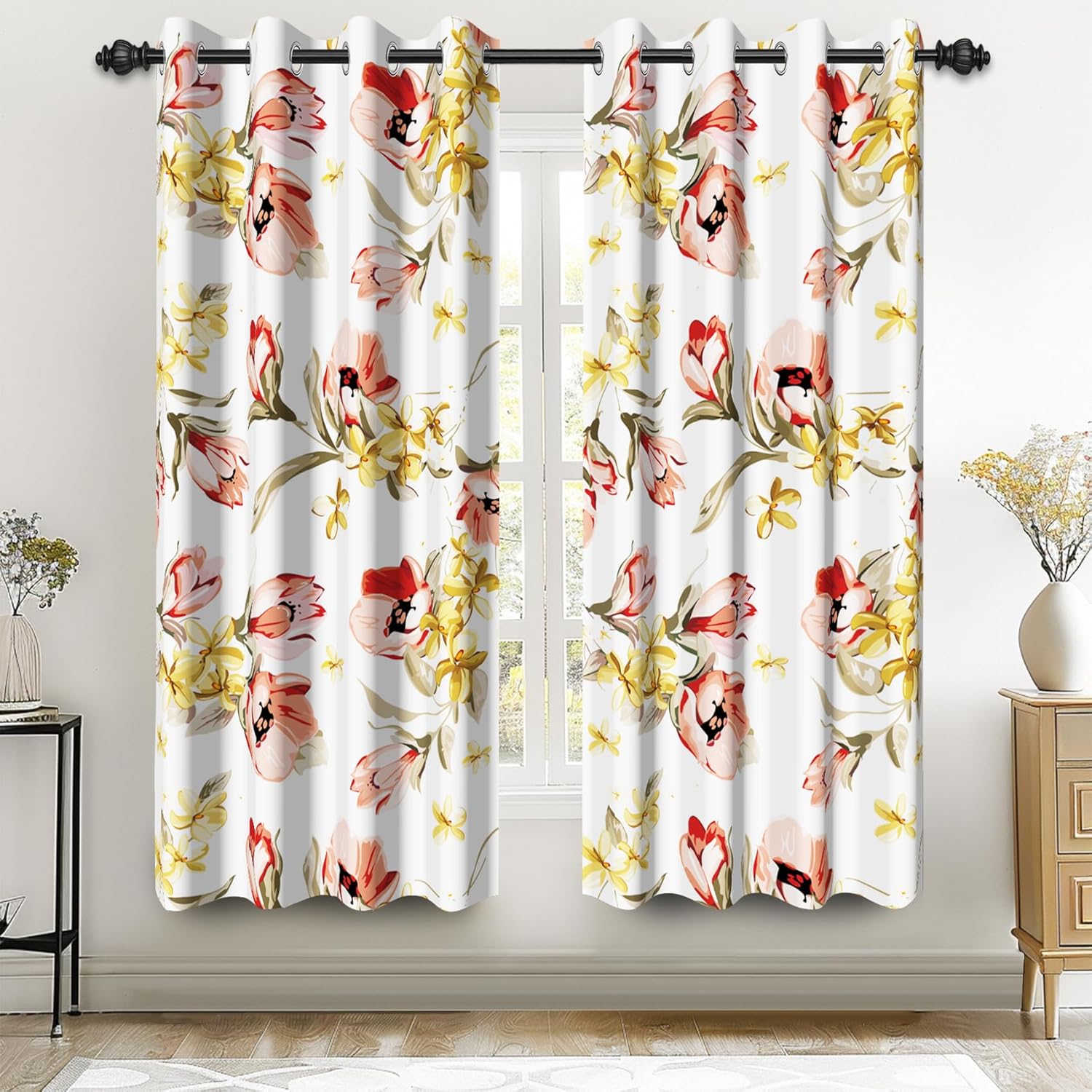 Renaiss 26 x 63 Inch Country Floral Blackout Curtains Red Yellow Flower Printed Thermal Insulated Grommet Curtain for Farmhous Bedroom Window Treatment Sound Proof Curtain Drapes Black Liner 2 Panels