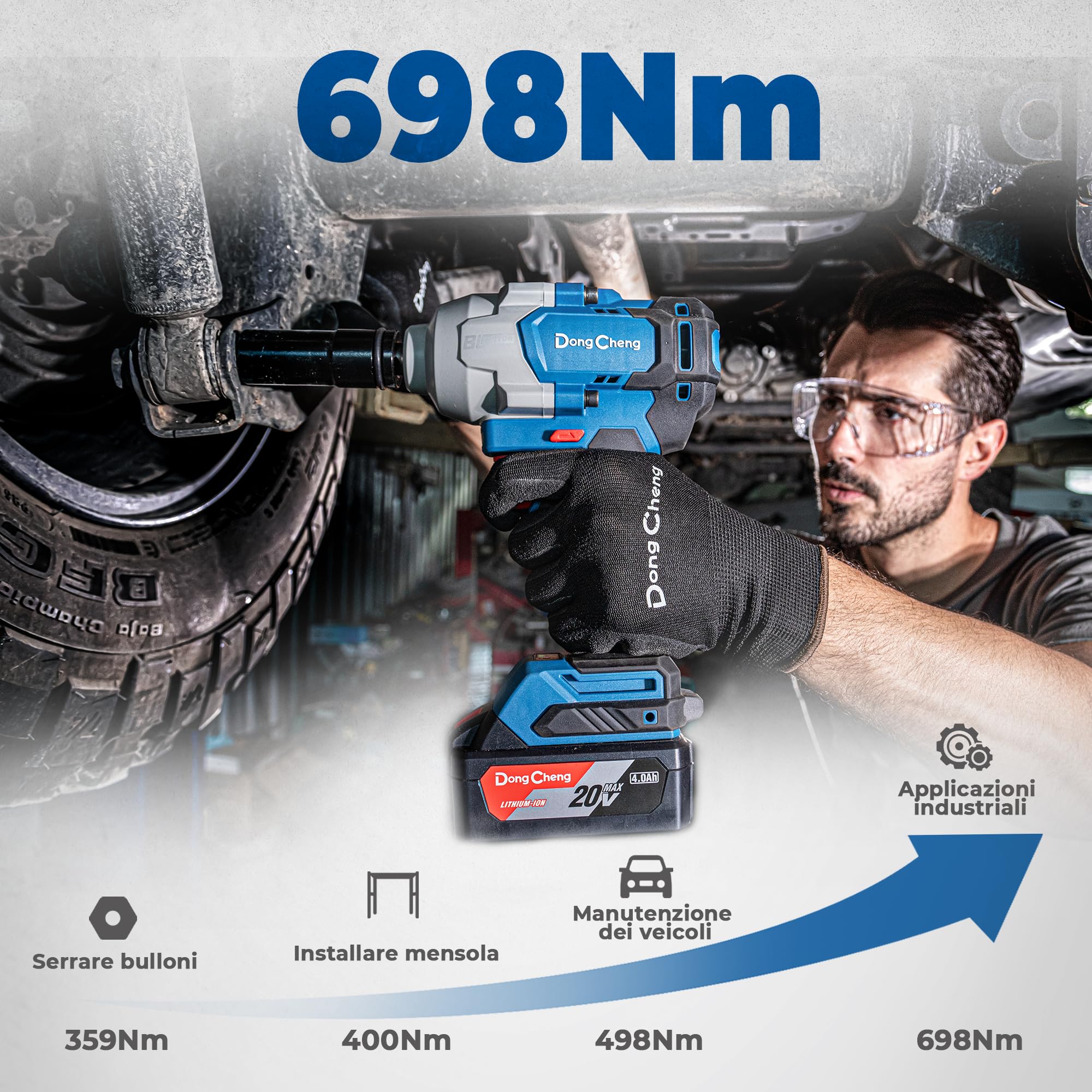 Chiave a impatto senza spazzole Dong Cheng 20V, coppia elevata 698Nm, 4 modalità, chiave a impatto senza fili 1/2 pollice con scatola di immagazzinaggio, include 2 batterie 4,0 Ah e caricabatterie