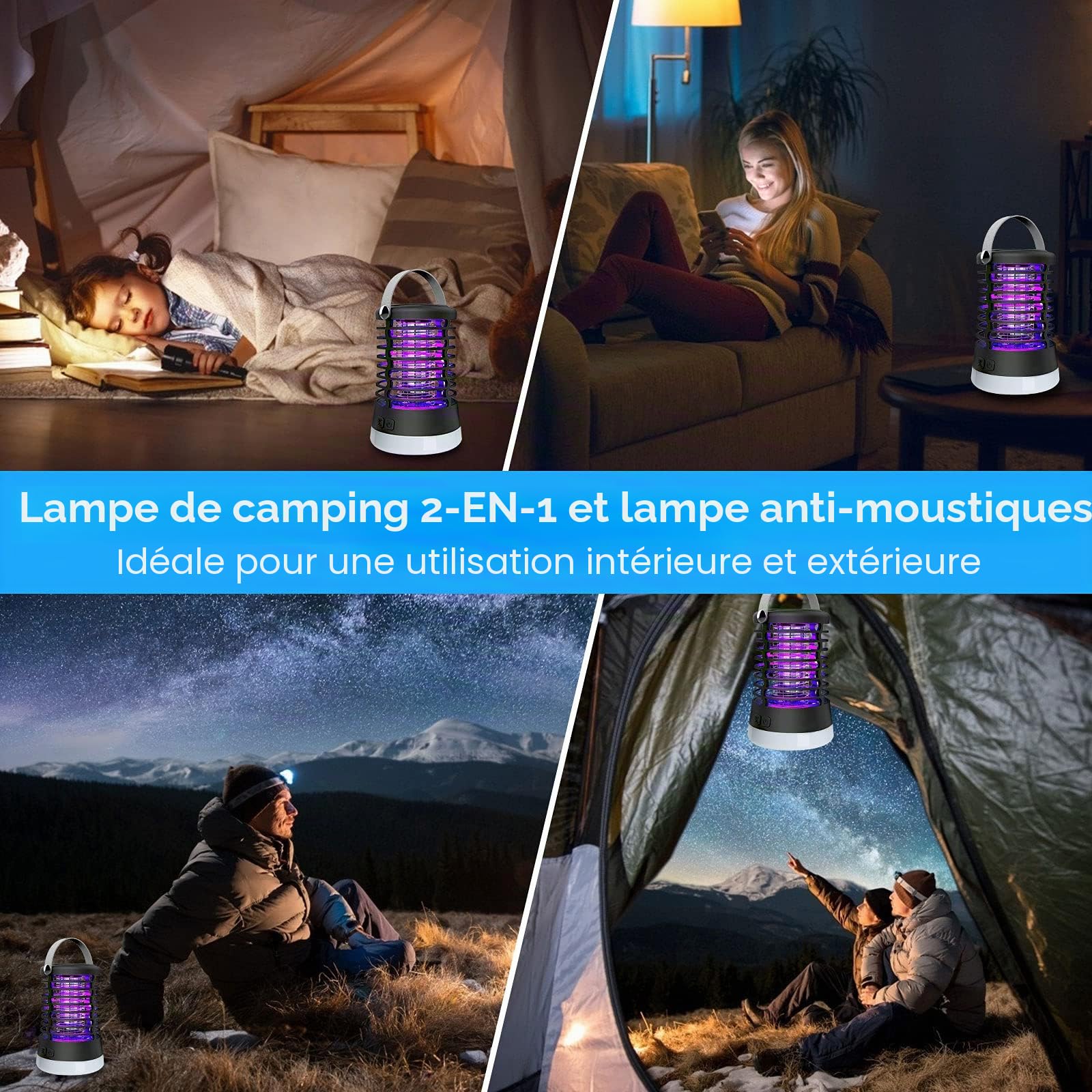 Lampe Anti Moustique Rechargeable 3 en 1 IP66 2200mAh USB Piège à Moustiques pour Intérieur et Extérieur