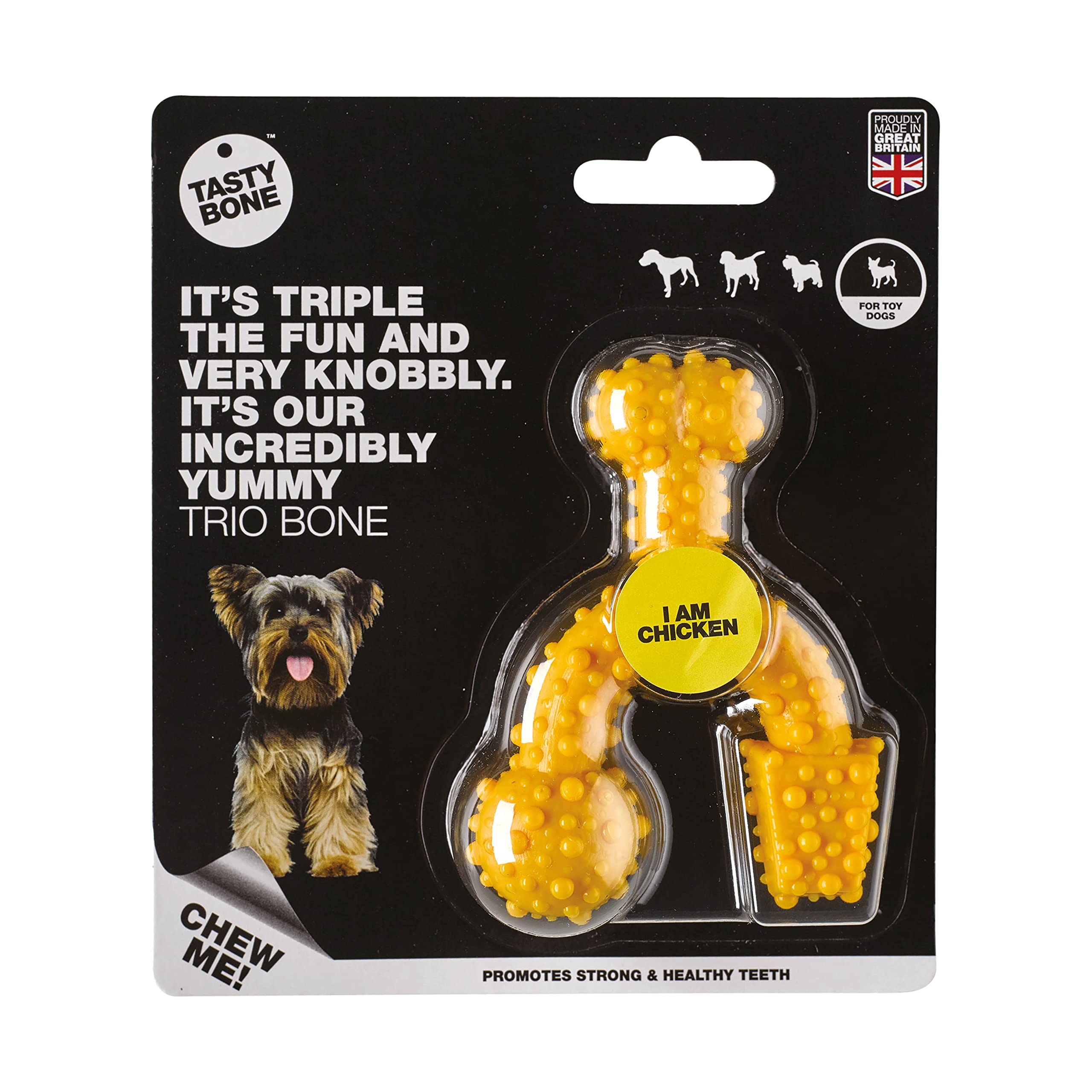 TastyBone TrioBone Nylon Dog Chew Toy for Toy Dogs (Chicken) - Indestructible for Aggressive Chewers, Everlasting Flavour, Strong Healthy Teeth, Made in the UK