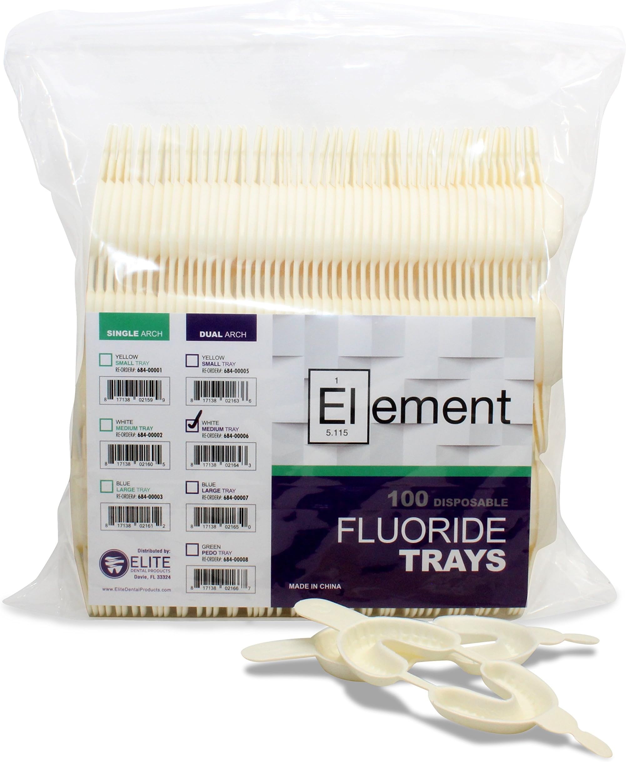 Element Disposable Dual Arch Dental Fluoride Foam Trays - Dental Fluorinated Foam Tray with Flexible, Nonslip, Strong Fit (100 Trays, Medium - White)