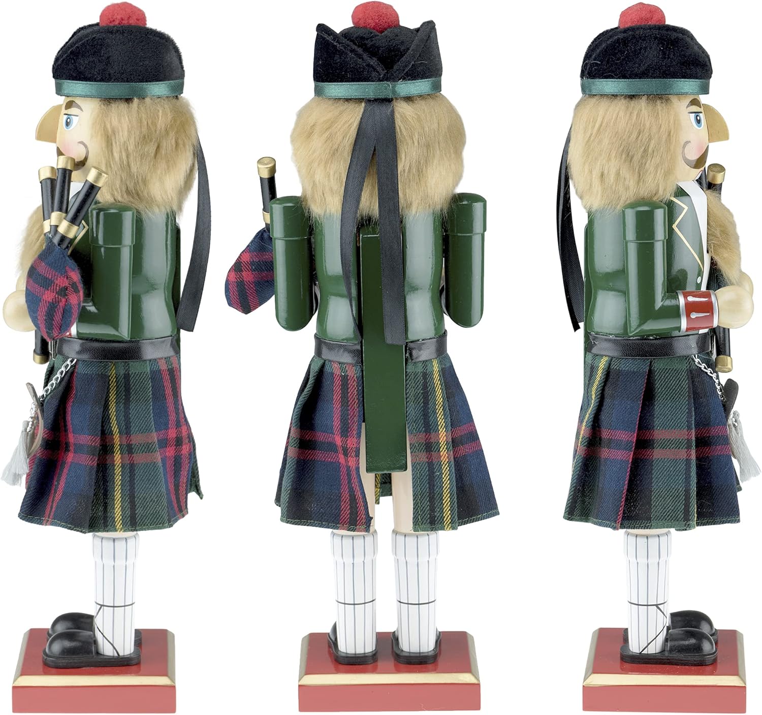 Merry Christmas Co. 14 Inch Traditional Wooden Nutcracker, Festive Holiday Tabletop Décor, Green Scottish