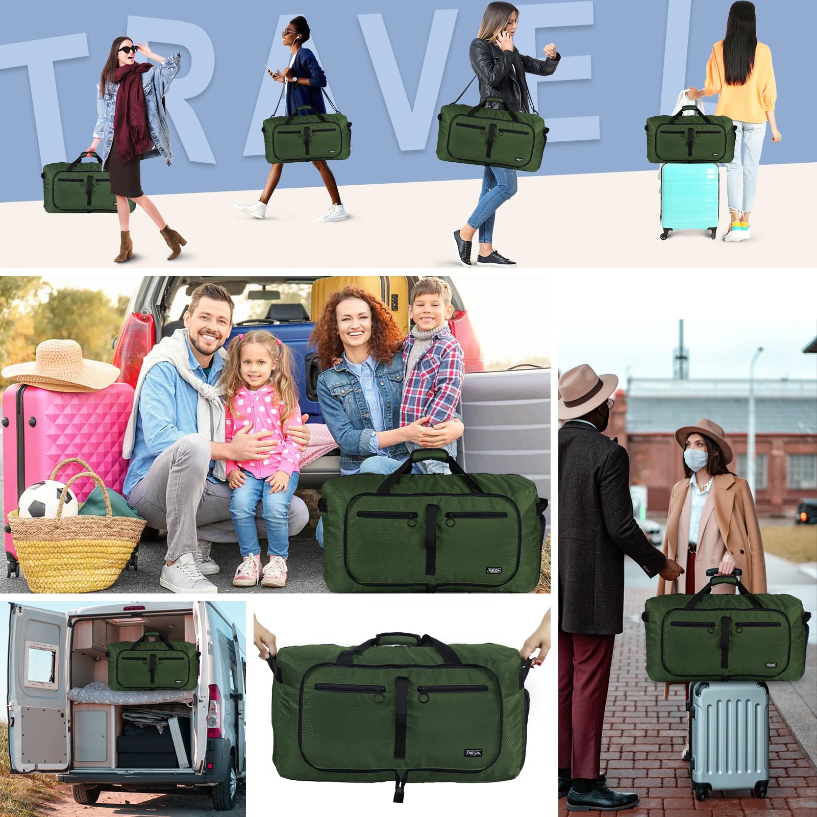 Fmeida Borsone da Viaggio 65L Pieghevole Borsone Palestra Grande Capacità Borsa Sportiva Impermeabile Borse da Viaggio Uomo Donna per Viaggi Campeggio Vacanza, Verde