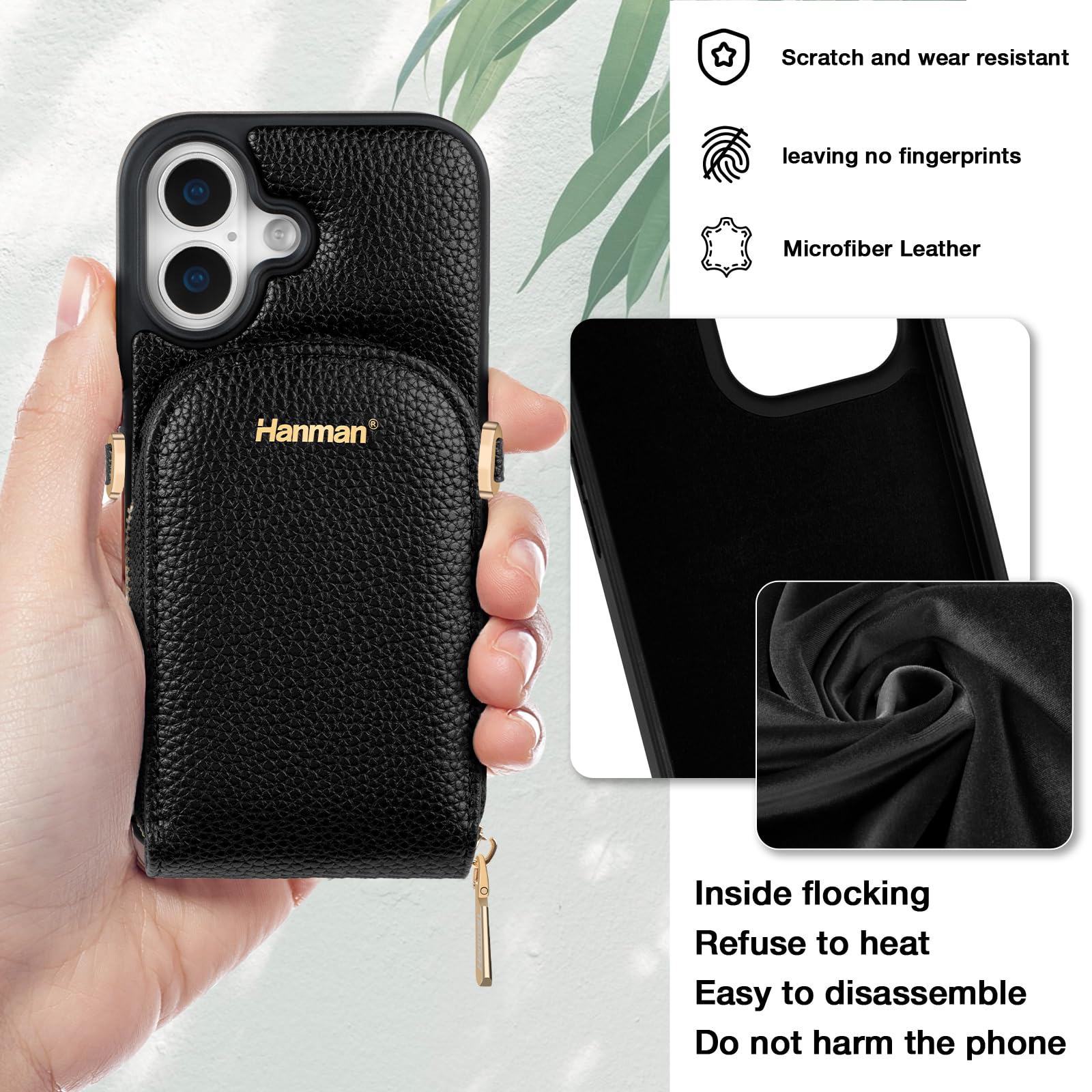 Hanman Etui portfelowe na ramię Kompatybilne z iPhone'em 17, blokada RFID, skóra PU, zamek błyskawiczny, torebka, etui portfelowe ze skóry PU z mikrofibry, portfel etui dla kobiet-czarny