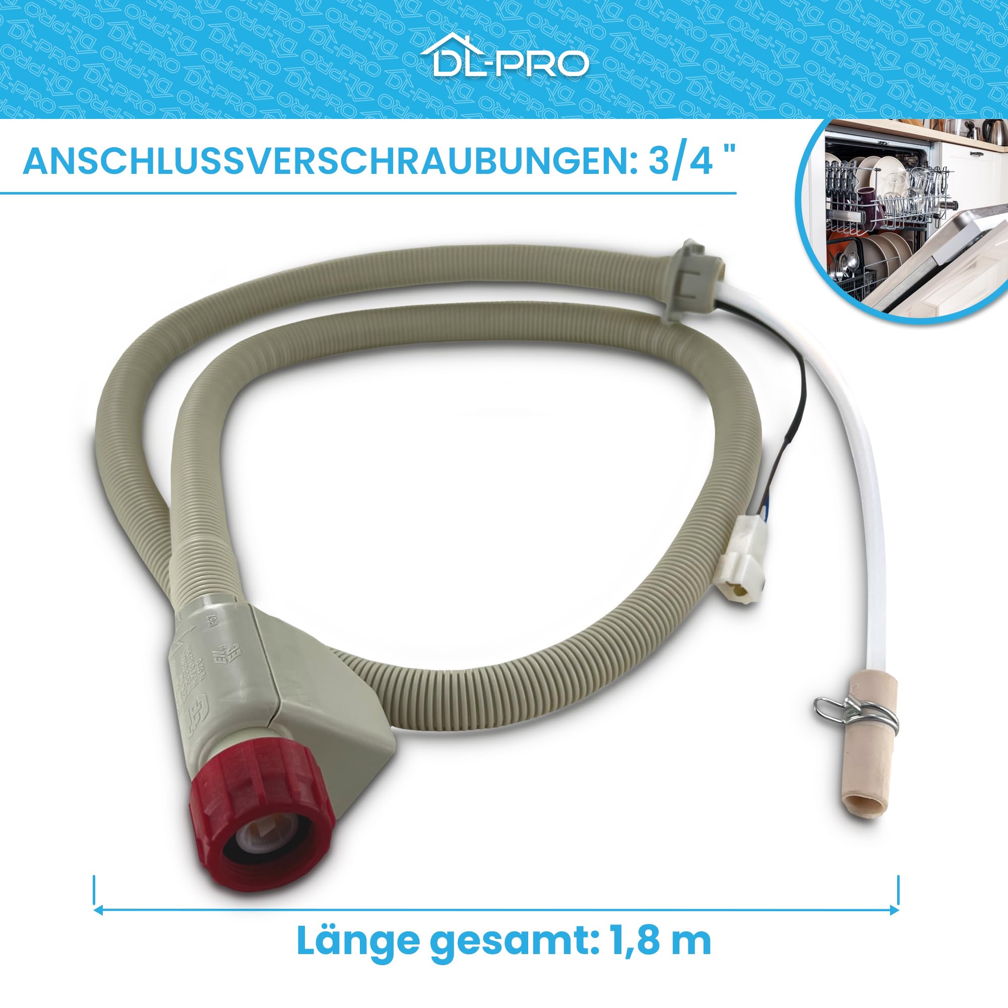 DL-pro Manguera de entrada de agua 1,5m para lavavajillas y lavaplatos para AEG Electrolux Juno 14018058901/6 140180589016 14018058901 Aquastop