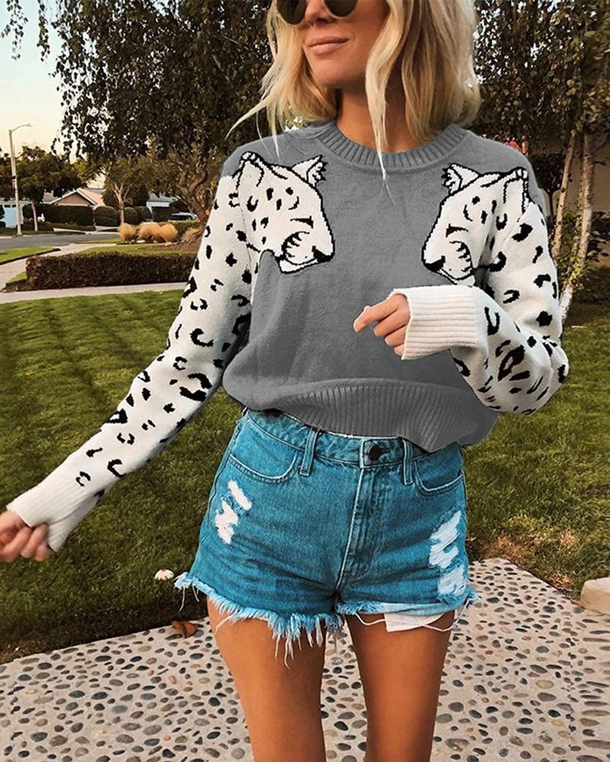 Mansy Women's Casual Long Sleeve Crew Neck Cute Animal Leopard Print Knitted Pullover Sweater Tops - Image 2