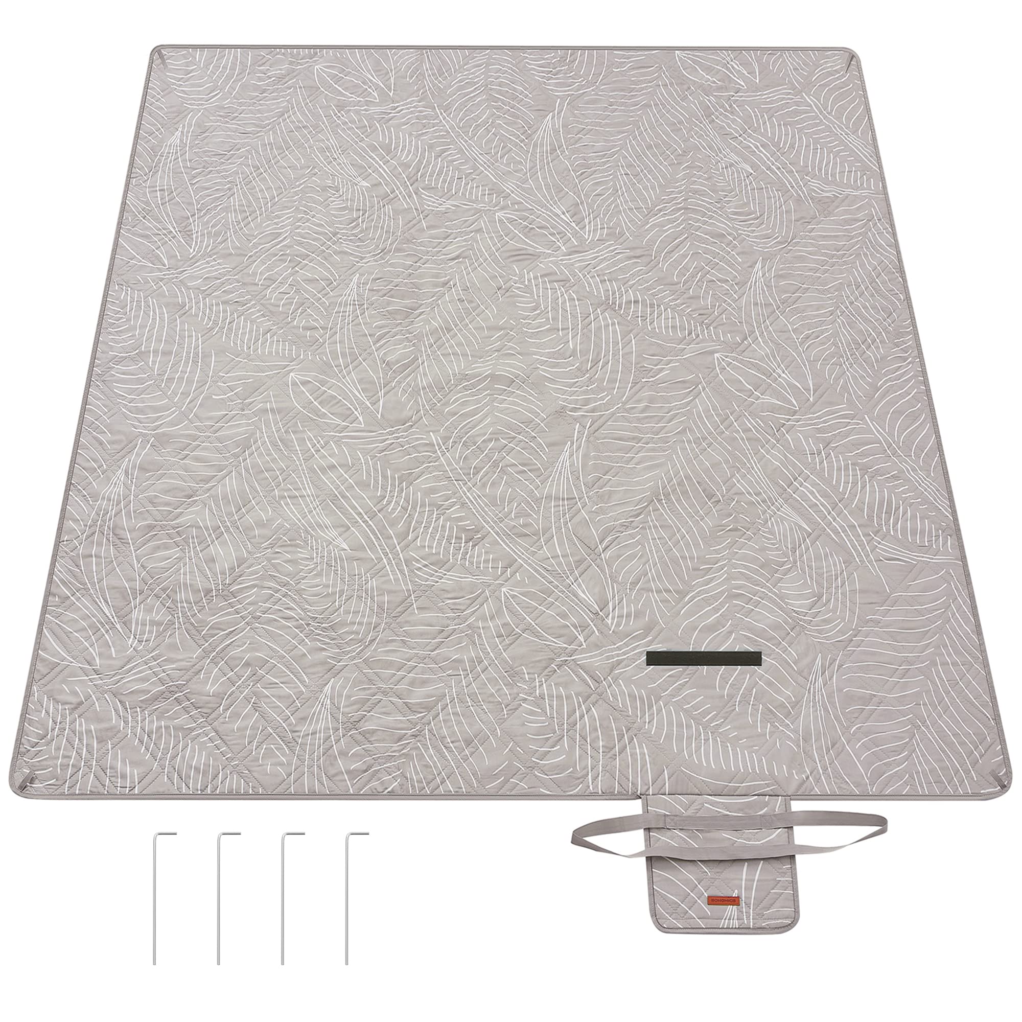 SONGMICS Picknickdecke, 300 x 200 cm, mit 4 Erdankern, groß, Campingdecke, für Park, Garten, Strand, wasserdicht, maschinenwaschbar, faltbar, Khaki mit tropischem Farn GCM010B03