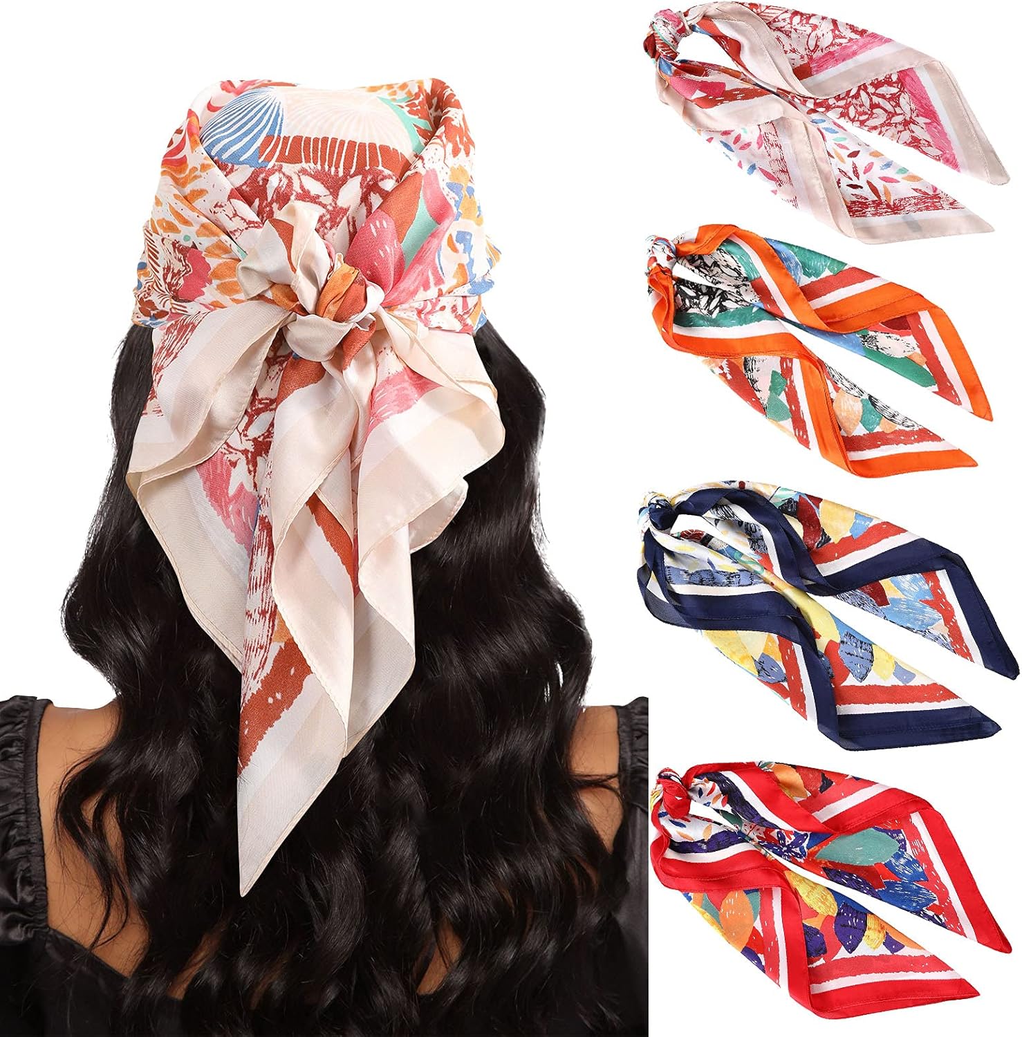 AWAYTR 27.5” Silk Satin Square Head Scarf - 4PCS Satin Head Scarves for Women Hair Kerchief Bandanas Sleeping Head Wraps
