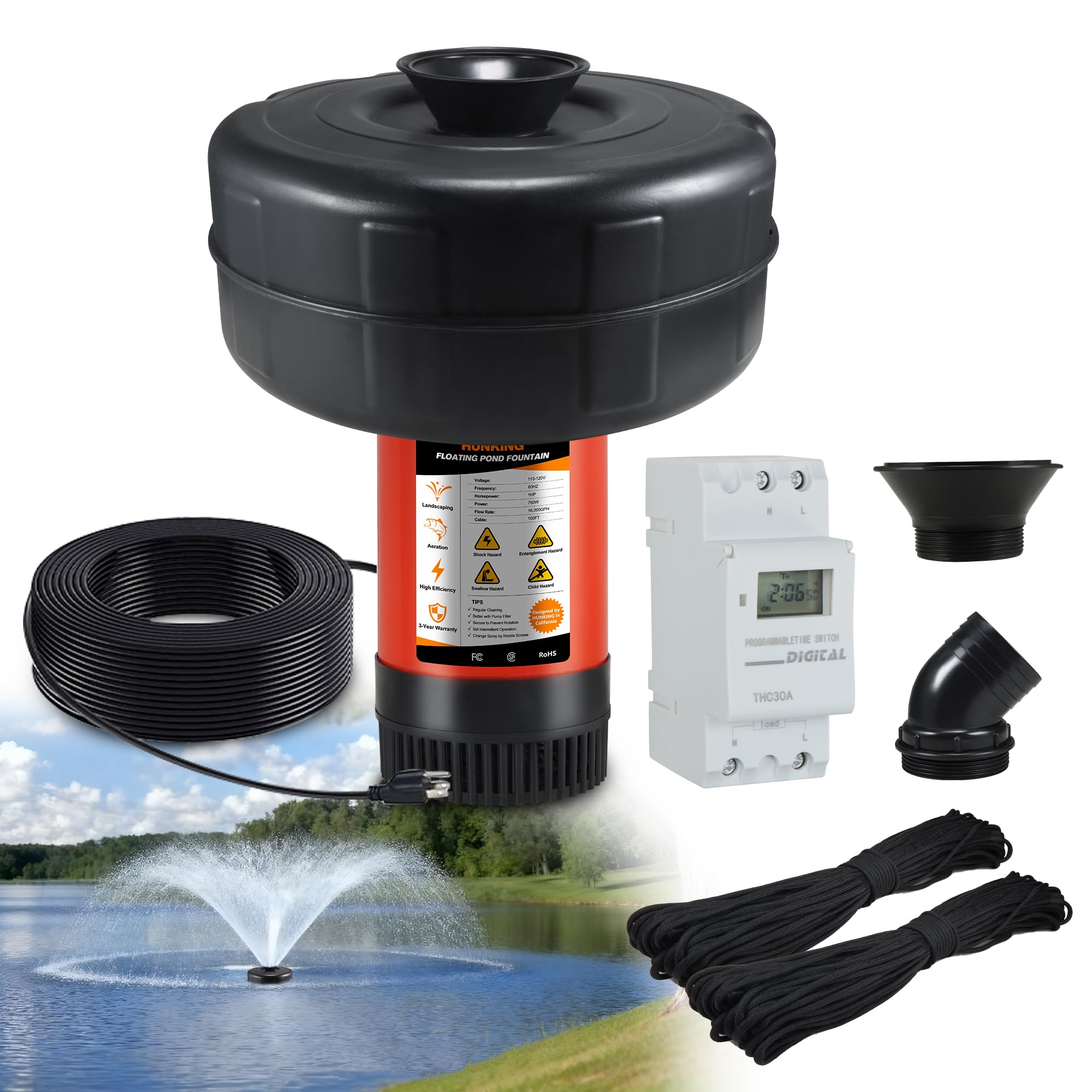 H1 Pond Fountain Aerator 750W 1HP - 16000 GPH Floating Aerating Pump with Timer, 110V-120V/100FT Power Cord/2 Nozzles Outdoor Water Circulation Jet System for Large Ponds, Lakes, Water Gardens