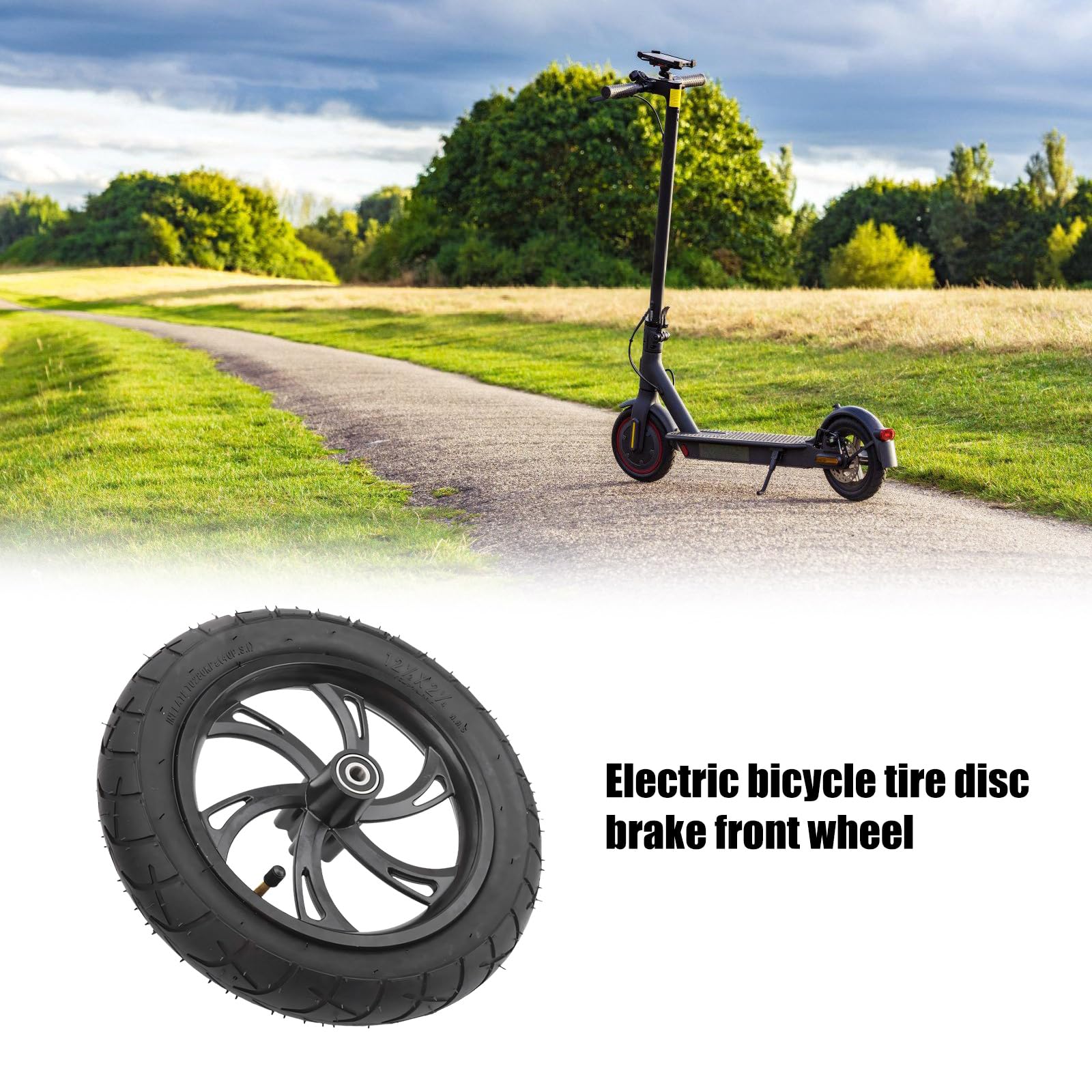 Efficienza ruota da 12 pollici per scooter elettrico, lega di alluminio leggera, cerchi freno a disco, ruota gonfiabile, sostituzione duratura per scooter anteriore