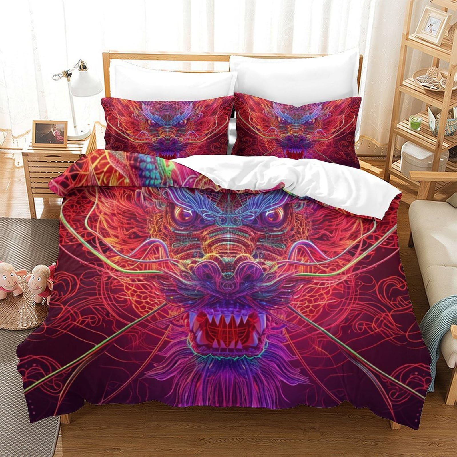 Housse de couette dragon 3D hypoallergénique et anti-transpiration pour grand lit king size