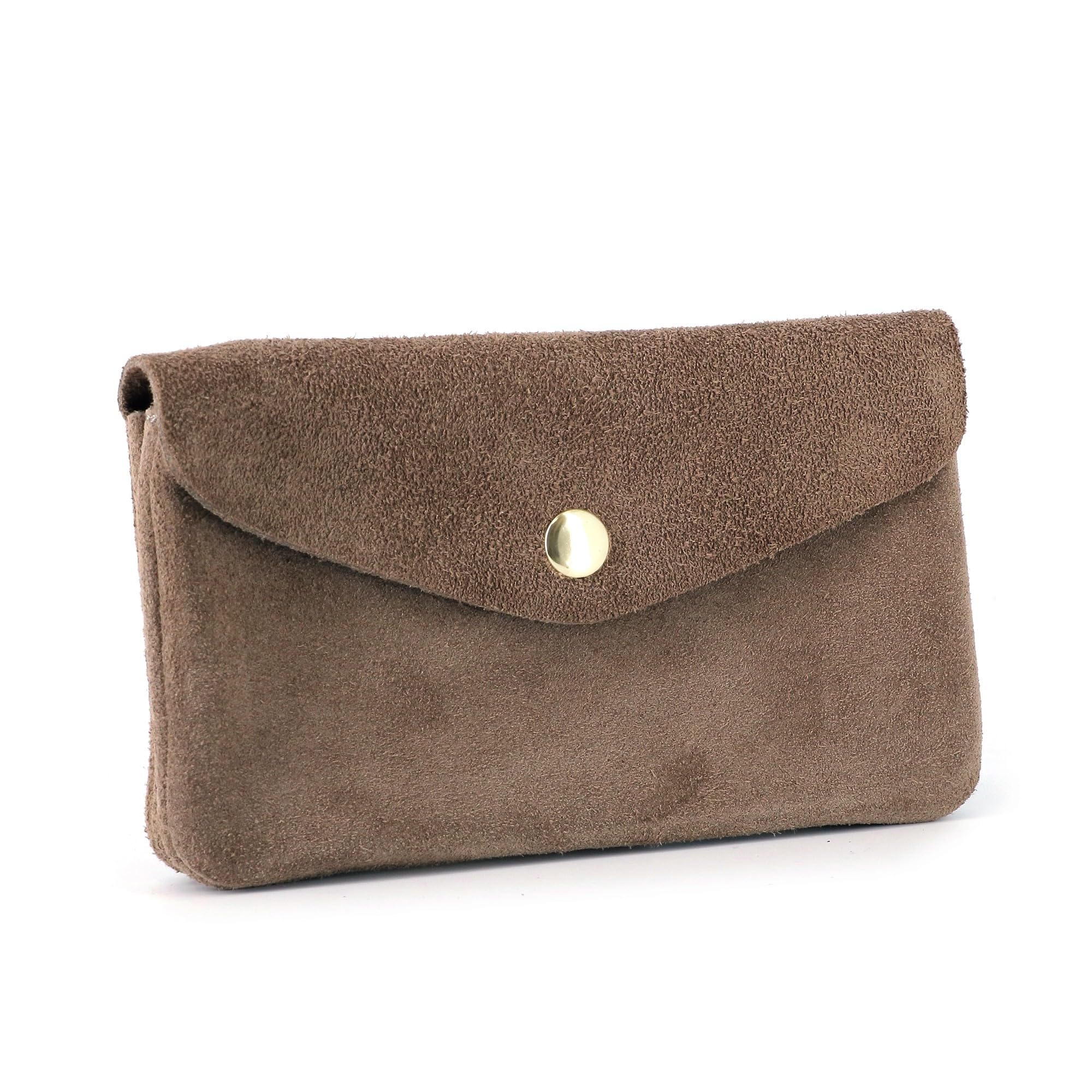 Porte-Monnaie Cartes Vrai Cuir Suédé Souple Femme - Portefeuille Pochette à Rabat - Format Mi-Long Taill M - Léger Fonctionel - Taupe