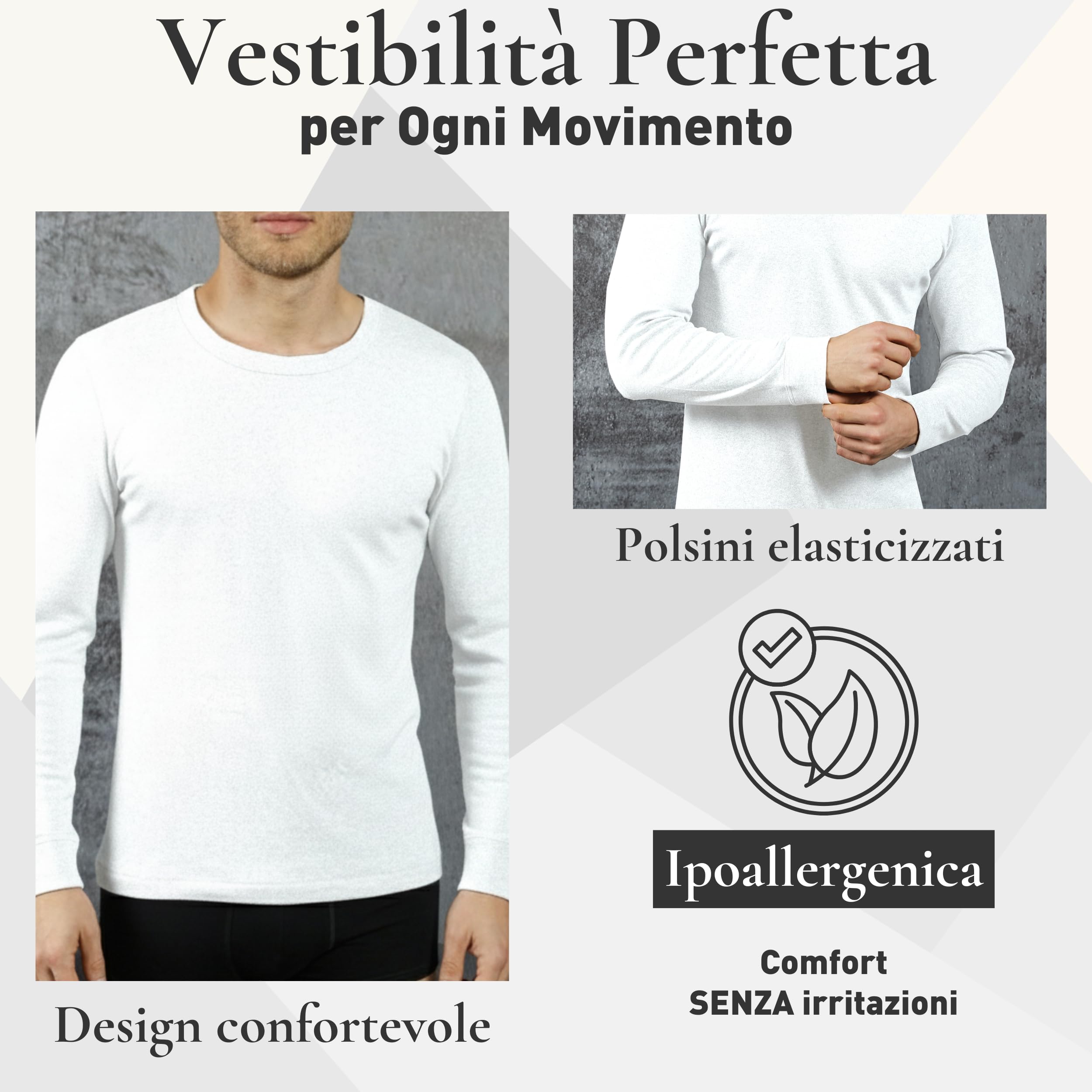 VP PINUCCIO VENEGONI Camiseta de manga larga para hombre (paquete de 2) 100% algodón afelpado | Camiseta térmica para hombre de invierno, cuello redondo, camiseta interior, fabricada en Italia
