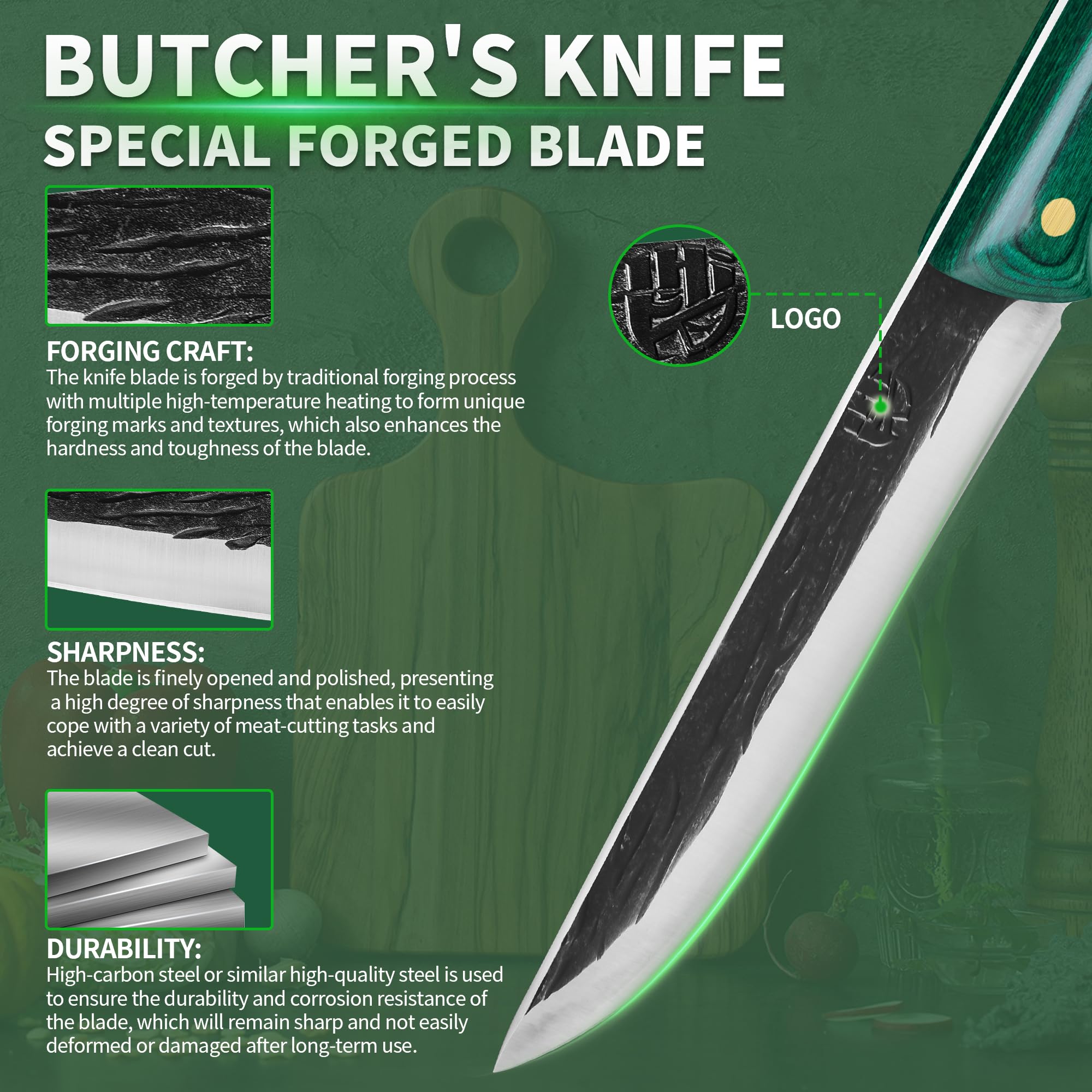 FULLHI 2pcs Manico in legno per disossare con fodero, coltello da pesca in acciaio ad alto tenore di carbonio per affettare e disossare, per cucinare in campeggio e per il barbecue. (Verde, 18cm)