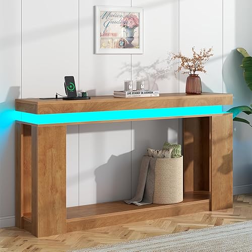 Miniatura 1 de Loomie Mesa consola de 63 pulgadas de largo con luces LED y toma de corriente, mesa de sofá de granja de 2 niveles detrás del sofá con
