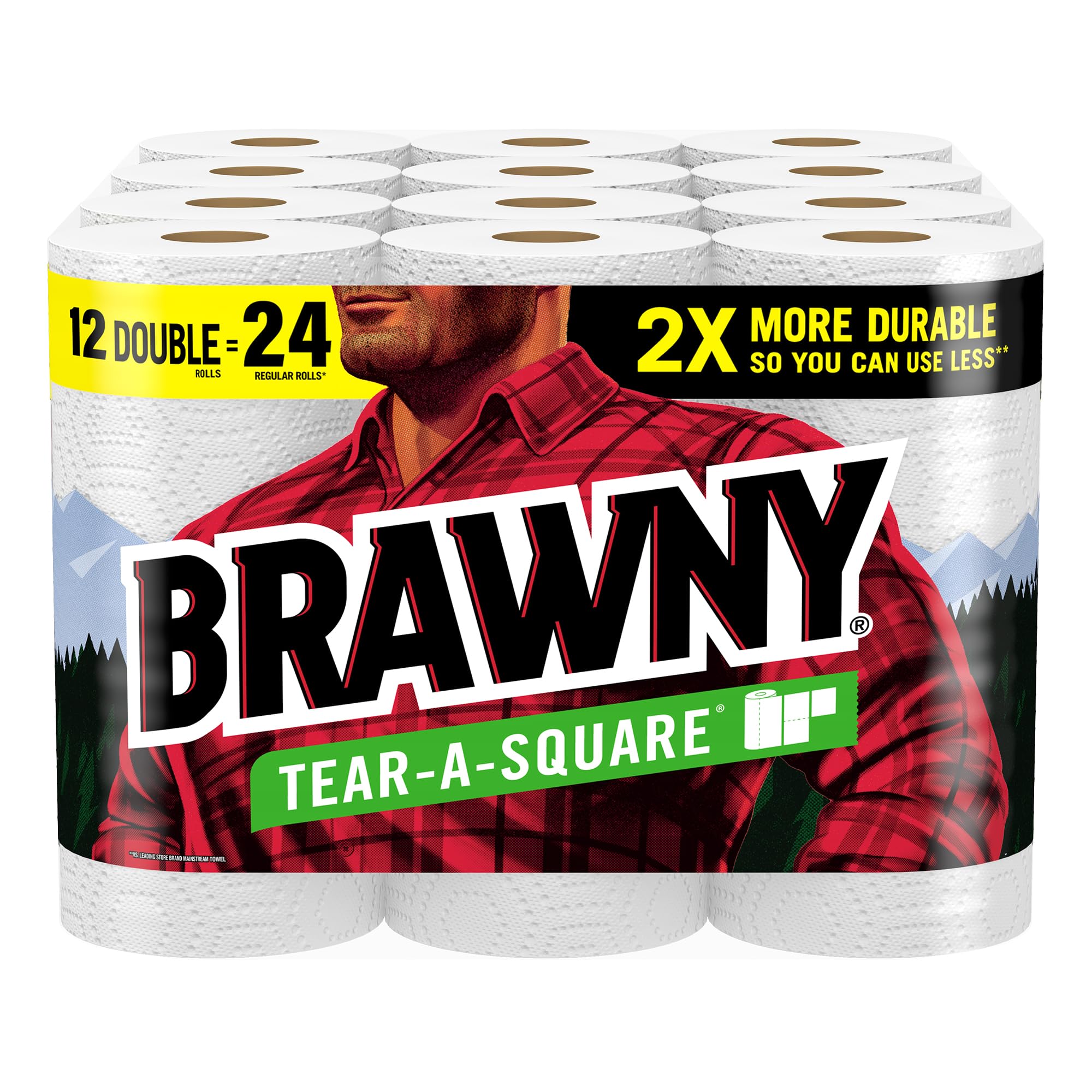 brawny tear-a-square paper towels 12 double rolls  24 regular rolls 3 sheet sizes quarter half full strength for all messes cleanups and meal prep
