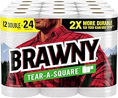 Brawny Tear-A-Square Paper Towels, 12 Double Rolls = 24 Regular Rolls, 3 Sheet Sizes (Quarter, Half, Full), Strength for...
