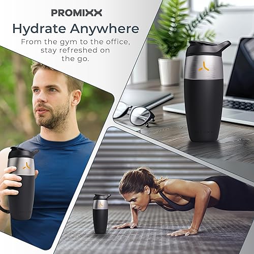 Miniatura 9 de Botella mezcladora de proteínas de acero inoxidable de 32 onzas, vaso agitador de metal a prueba de fugas con agitador de ajuste a presión para Negro