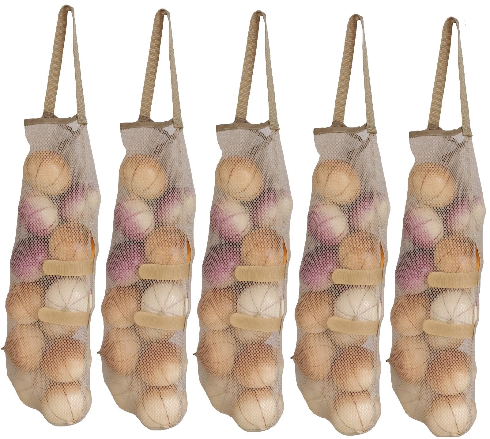 Lot De 5 Sacs De Rangement Réutilisables En Maille Pour Oignons, Pommes De Terre Et Légumes - Marron