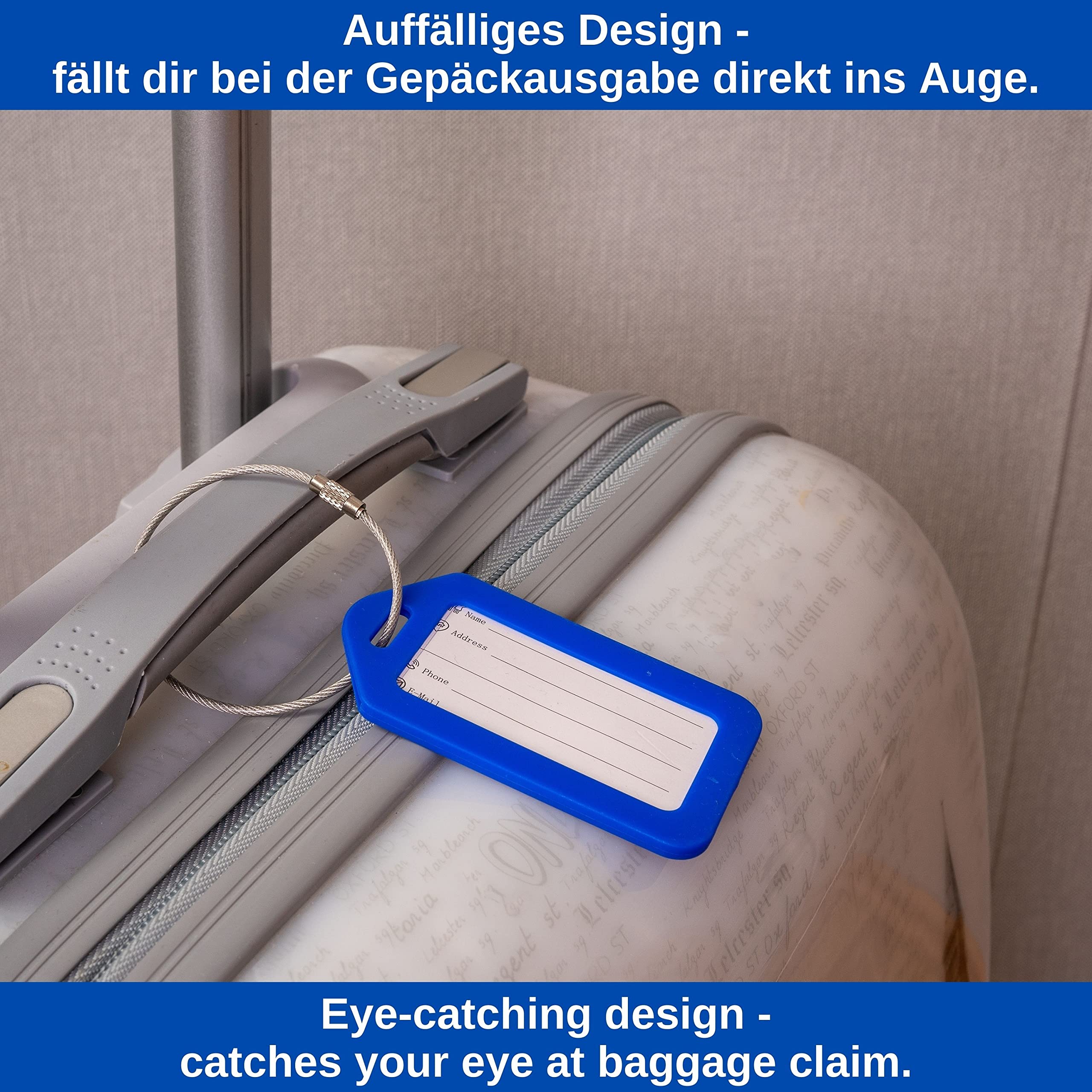 Étiquettes Bagage En Plastique Bleu - Lot De 2 - Avec Câble Acier - 88x50 Mm - Pour Valises Et Sacs