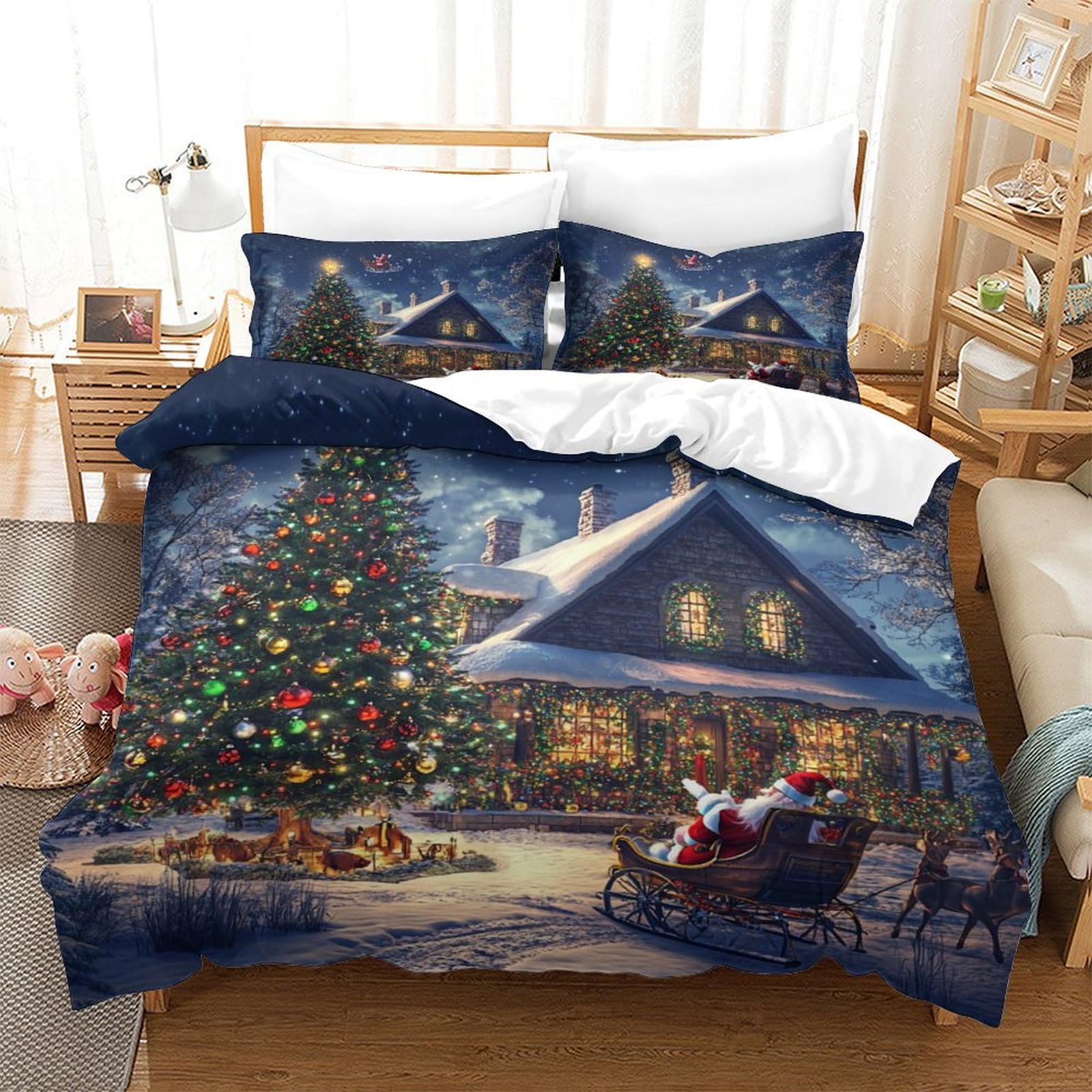 Christmas Theme, Christmas Tree Duvet Cover Set 3 PCS Hotel Quality Quilt Cover Bedding Sets Bed Covers with Pillowcases with Zipper Closure Hypoallergenic Soft Breathable Microfiber King（220x240cm）