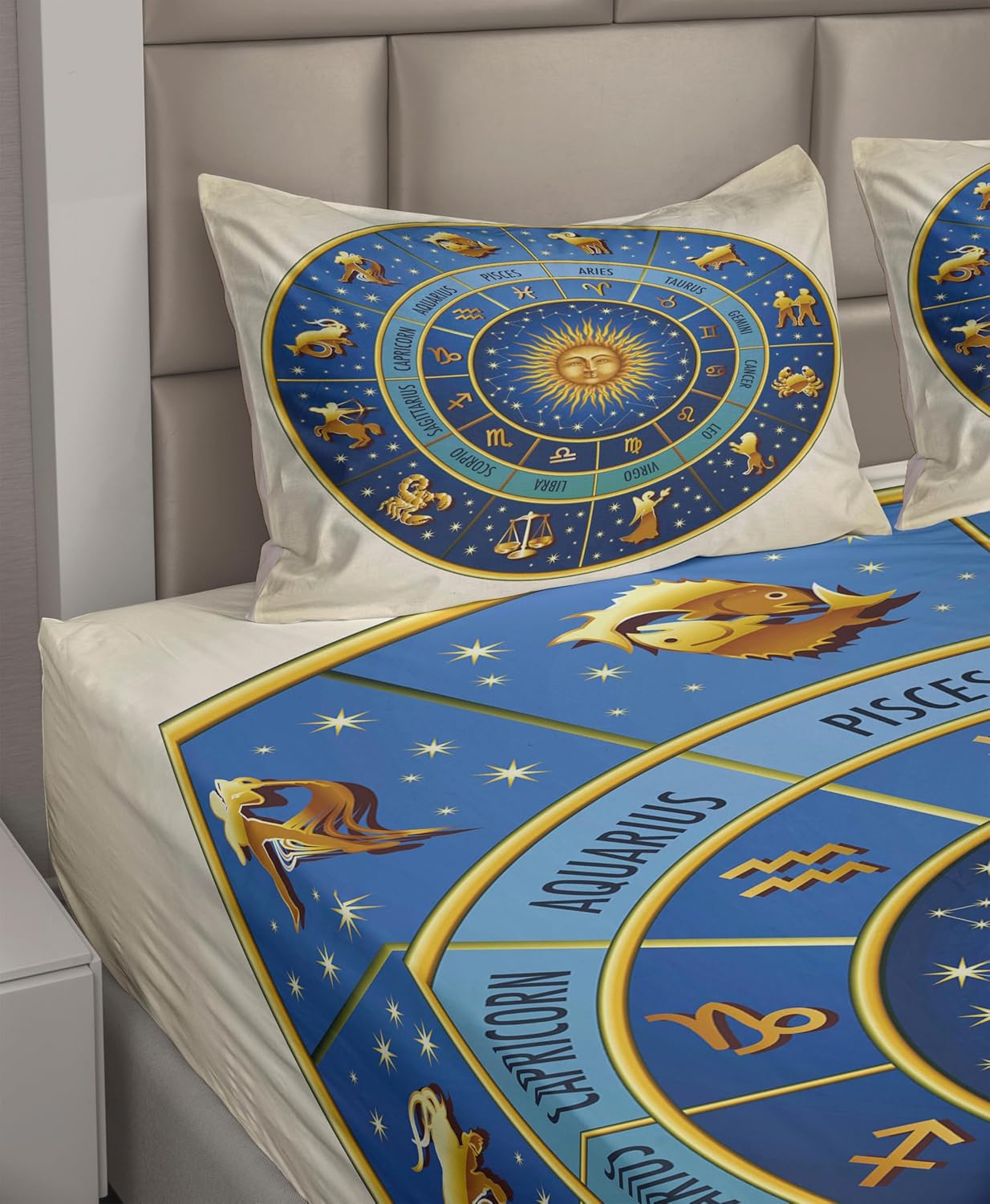 Ambesonne Astrology Sheet Set, Wheel of Astrological Signs Names Dates Moon Sun in Middle, Fitted and Flat Sheet with Pillowcases Bedding Accent 4 Piece Set, Full, Blue Yellow and Cream