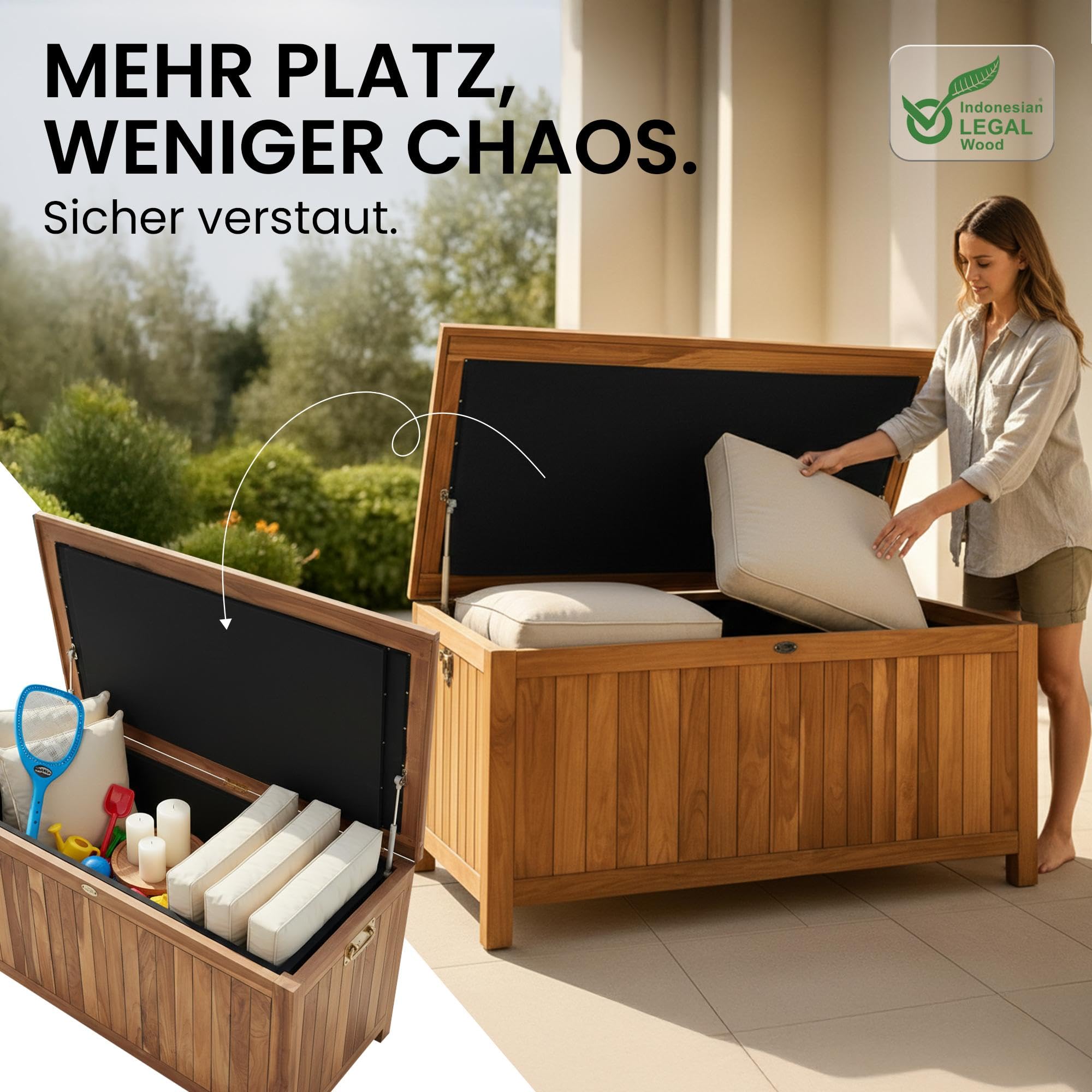 CLP Auflagenbox wasserdicht XXL Novena, große Gartenbox aus Teakholz wetterfest, Kissenbox outdoor für den Garten, Farbe:teak, Größe:160 cm