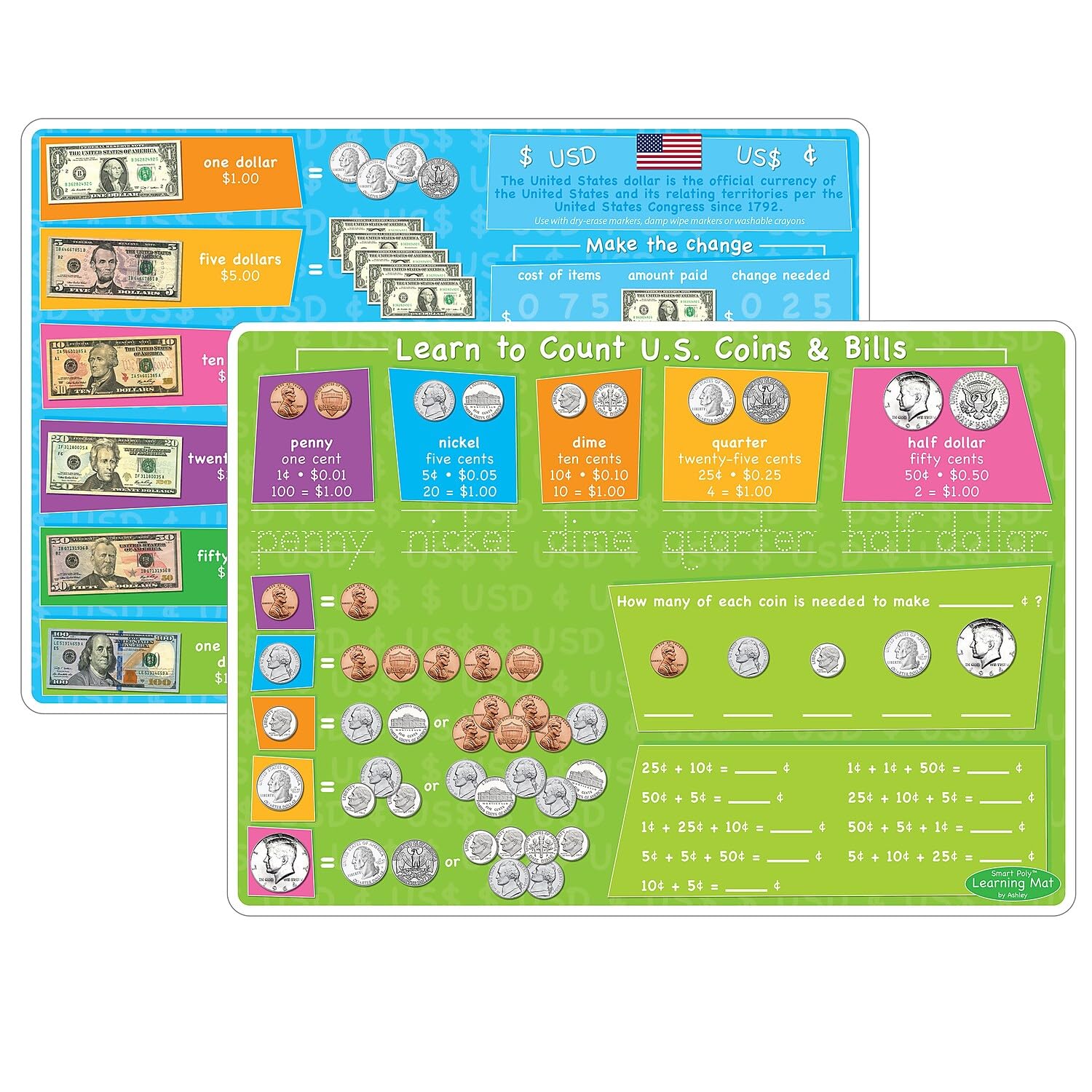 Ashley Productions ASH95027 Smart Poly(tm) Learning Mat, U.S. Currency, Polypropylene (PP)/Paper, 12" x 17"