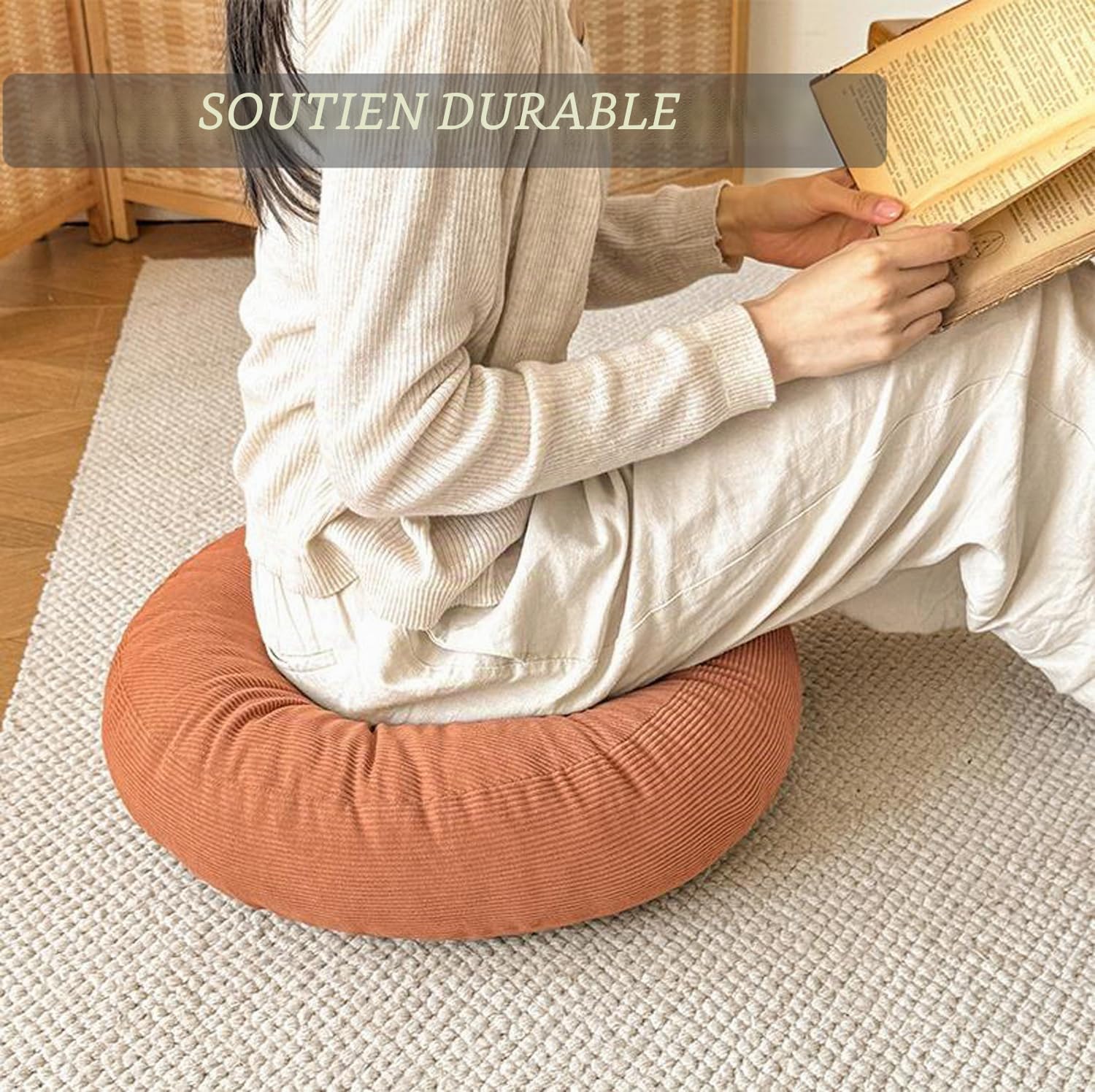 Lot de 2 coussins de sol pour adultes et personnes âgées, coussin de chaise rond rehausseur pour salle à manger, balcon, jardin, yoga, méditation - tatami japonais (2 pièces, 50 cm, orange)