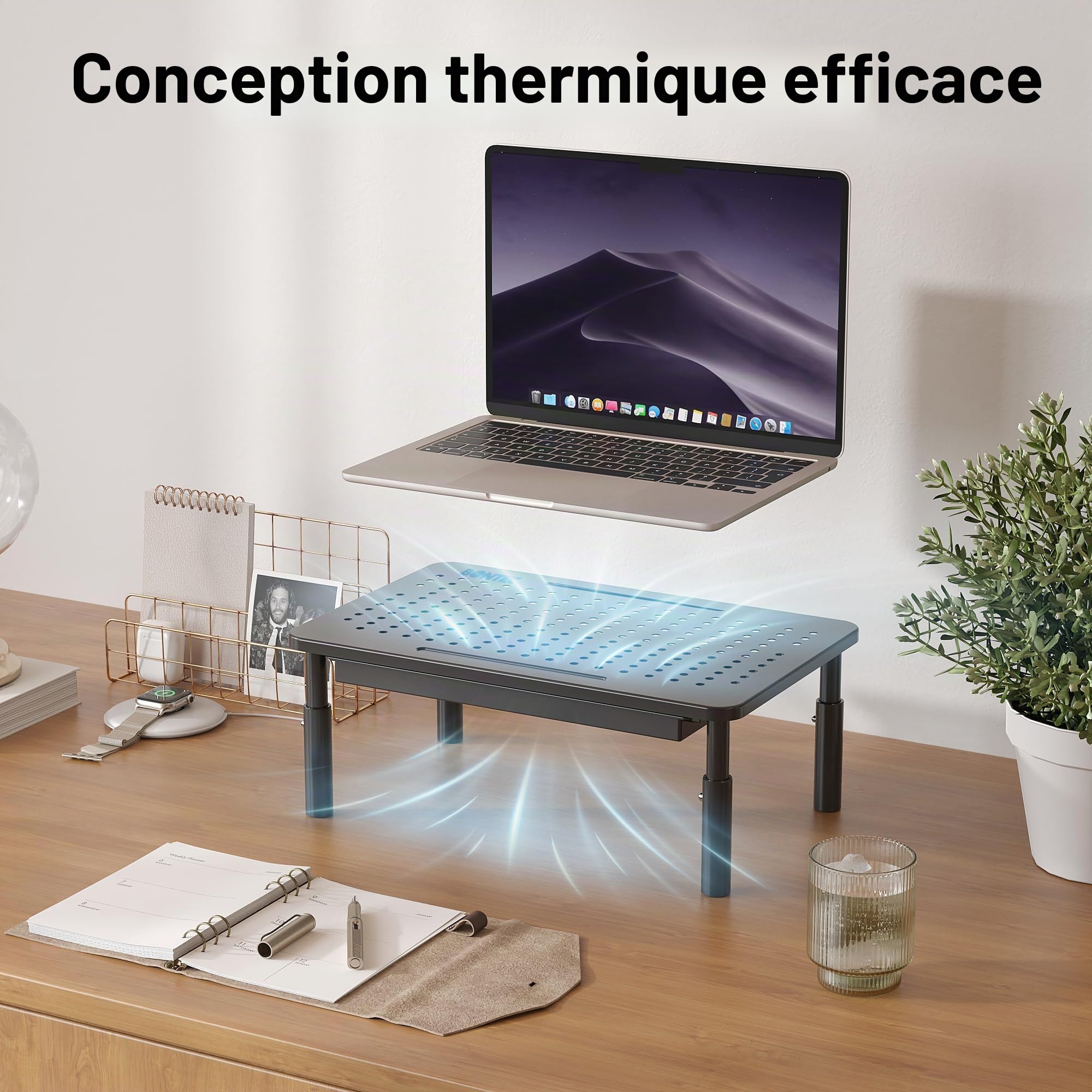 BONTEC Support Moniteur avec Tiroir, 3 Hauteurs Réglables pour Moniteur PC, Rehausseur Ecran pour Bureau avec Plate-Forme en Maille pour, Ordinateur Portable, PC, Imprimante jusqu'à 20 kg