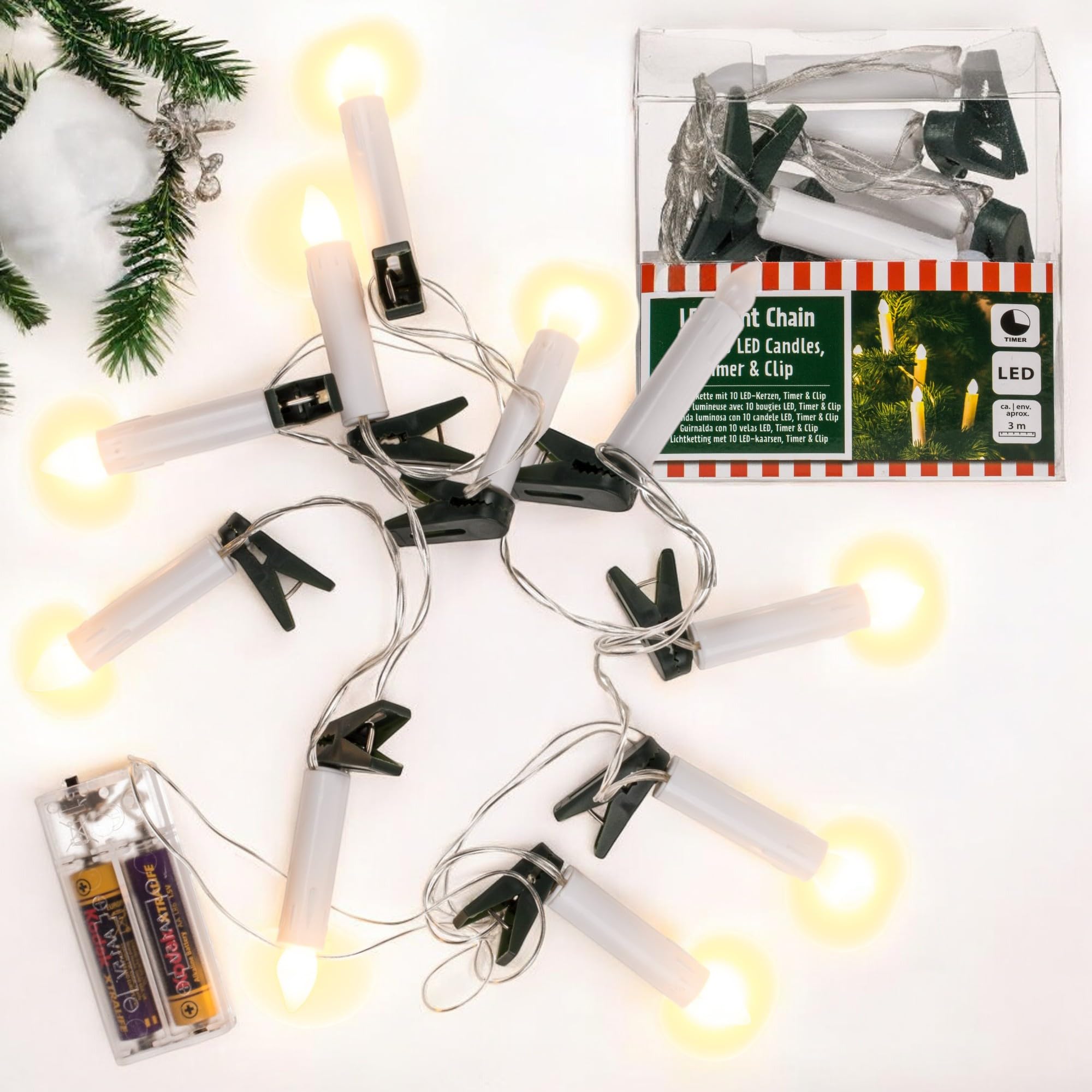 MIJOMA Outdoor LED Fairy Lights with 10 Candles and Clips, 3 m Length, Battery Operated, 6/18 Timer - Flexible and Ideal for Christmas Decoration