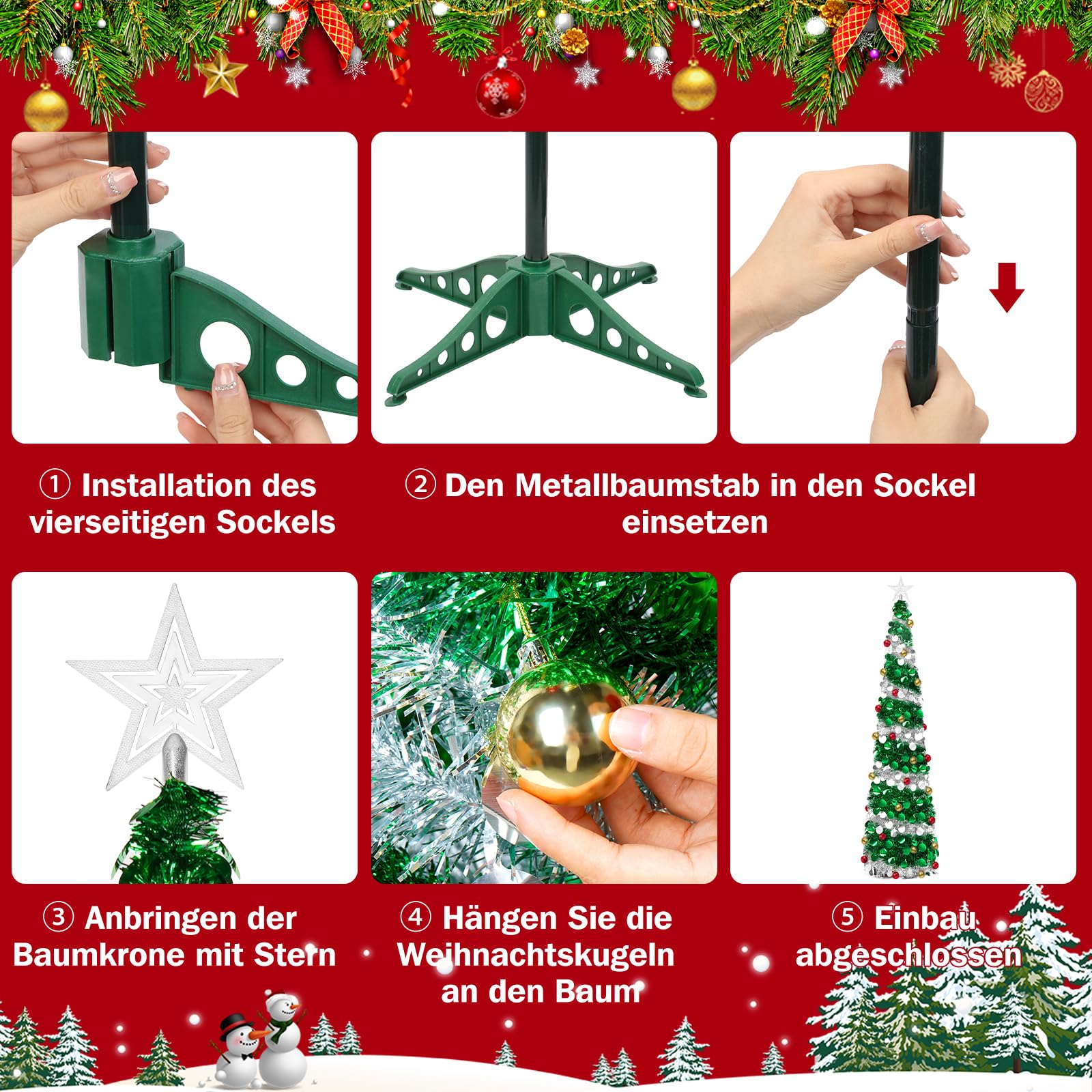 Sapin de Noël Artificiel Pliable de 180 cm | avec boules d'étoiles et support,pour décoration de Noël, vert + argent, décoration de maison, bureau