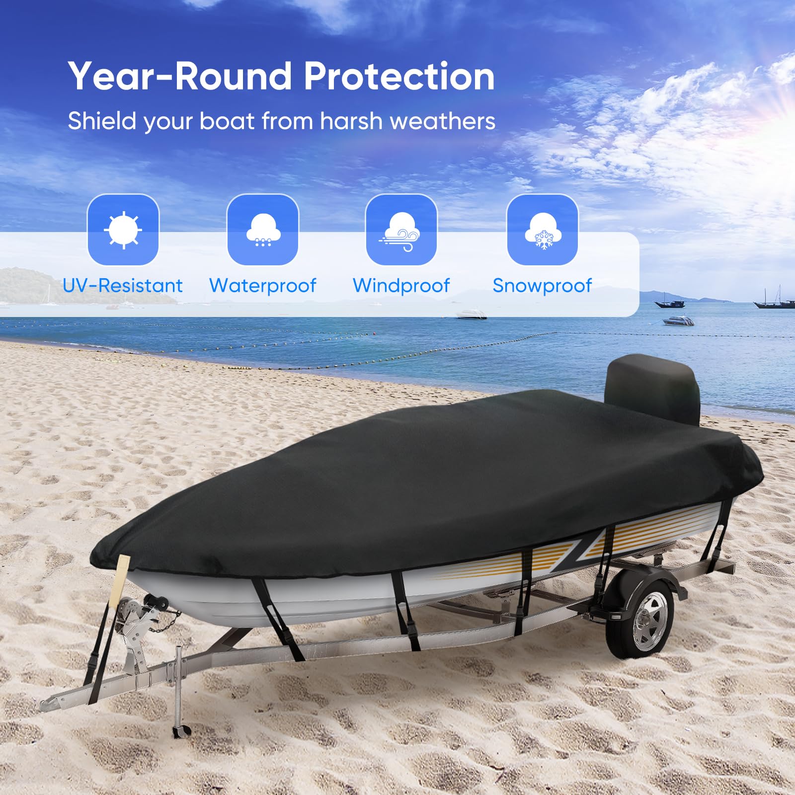 Boat Cover 14-16ft feet 900D, Heavy Duty Trailerable Boat Covers with Motor Cover Waterproof for Bass Boat, V-Hull Tri-Hull Boats and Runabout, Marine Grade Canvas UV Resistant Windproof