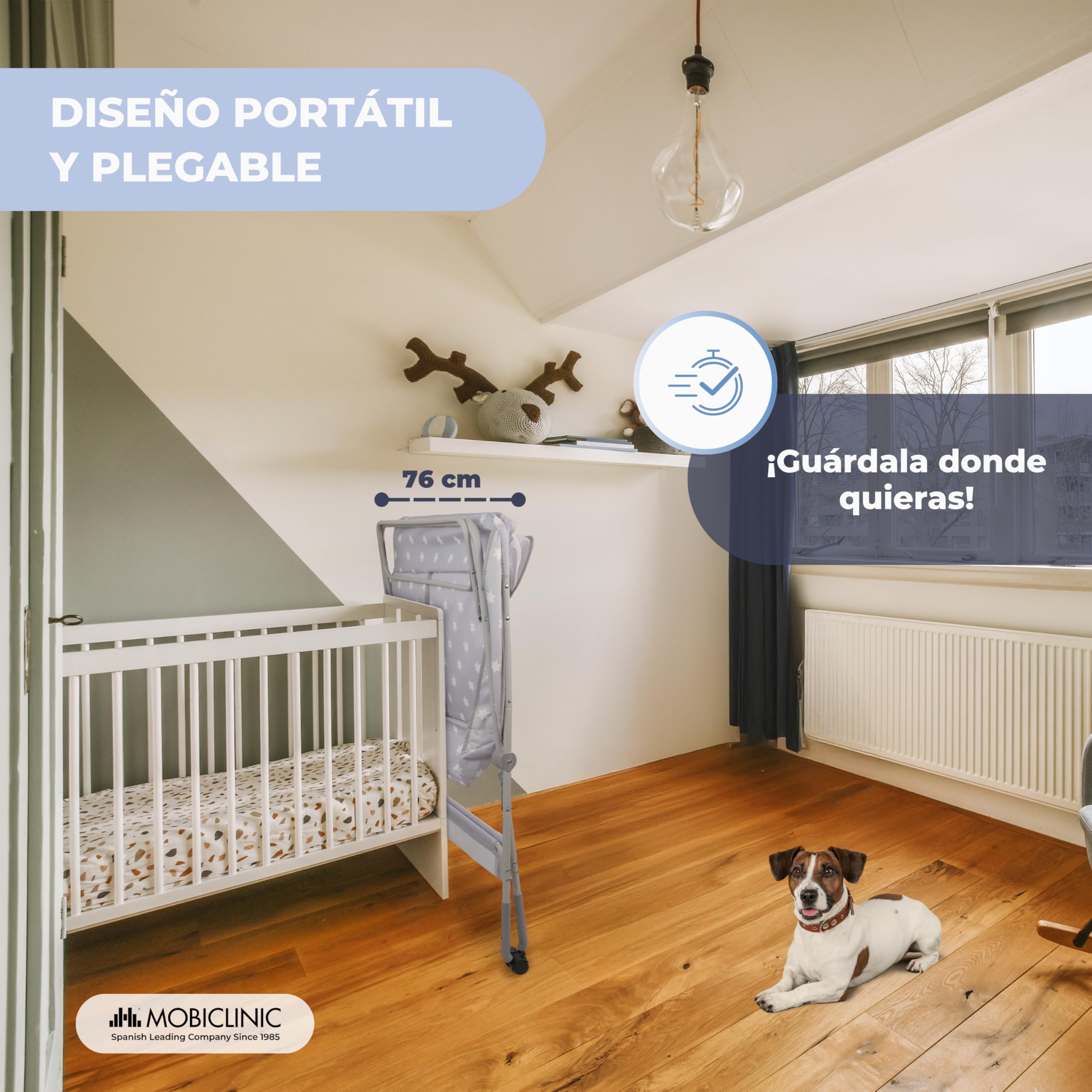 Mobiclinic®, Cambiador Bebé, Plegable, Regulable en Altura, Hasta 15 Kg, 0-36 Meses, Organizador de Pañales, Ruedas 360º con Freno, Arnés y Valla de Seguridad, Funda Lavable, Almacenaje, Zoey