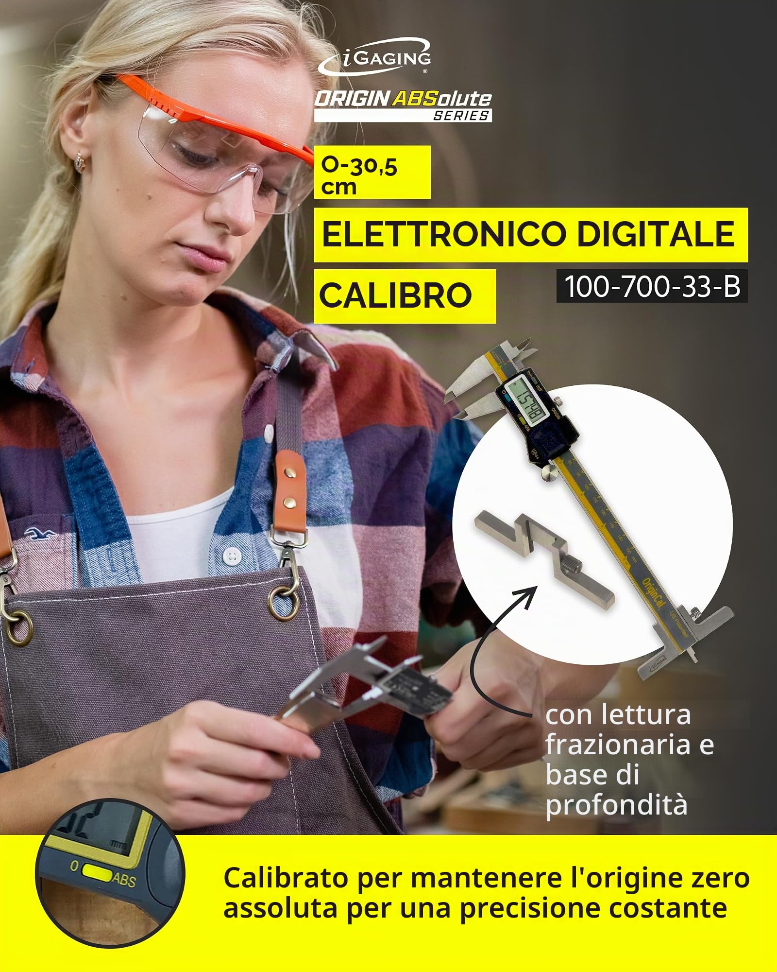iGAGING Absolute Origin - Calibro digitale 0-6", acciaio inossidabile IP54, porta di uscita SPC/USB, lettura frazioni, base profonda, custodia, manuale, batteria