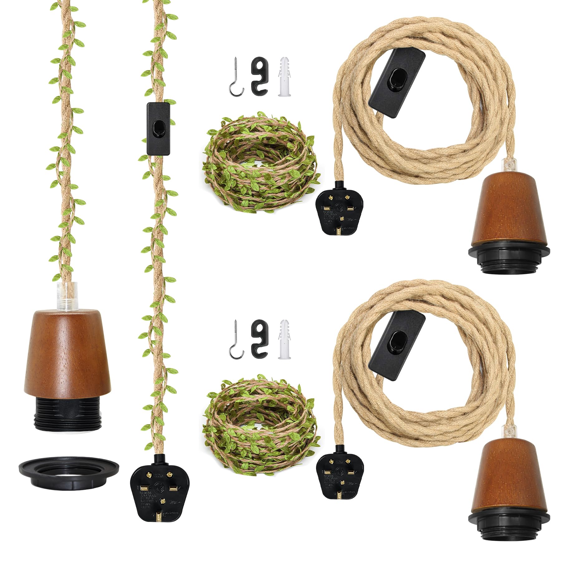 ZRLXFM 2PCS Plug in Pendant Light Fitting with Switch, E27 Lamp Holder with 5.1M Hemp Rope, Rustic Ceiling Hanging Lamp Kit for DIY Lampshade, with 5m Green Decorative Rope